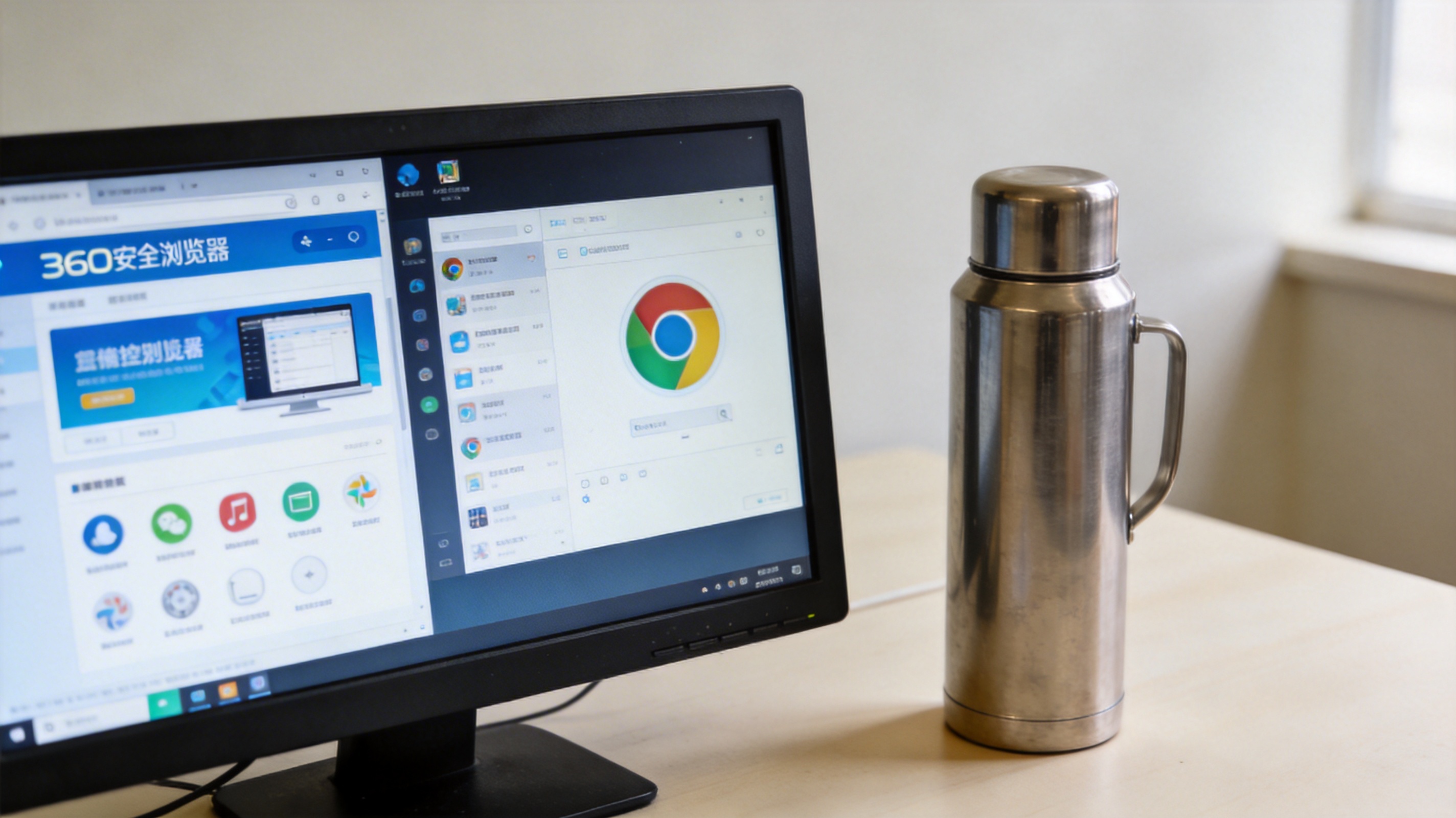 电脑桌面，屏幕分屏显示360安全浏览器和Chrome浏览器的主页界面，旁边放着不锈钢水杯，室内自然光