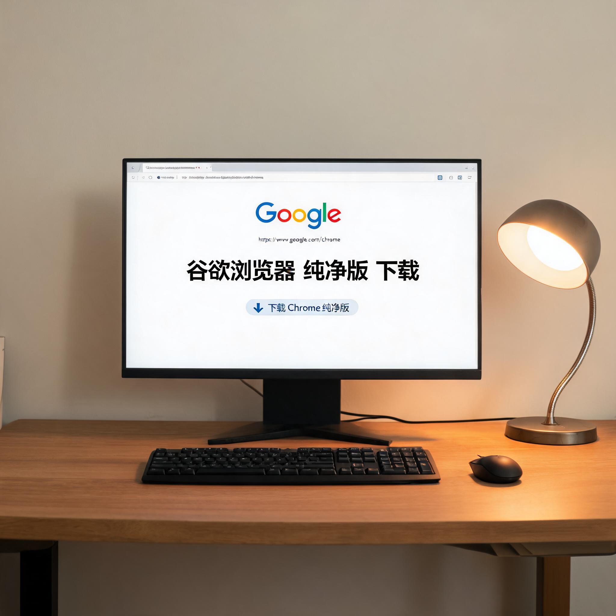 电脑桌上的电脑，屏幕显示guge浏览器官网下载纯净版桌面，旁边放着台灯