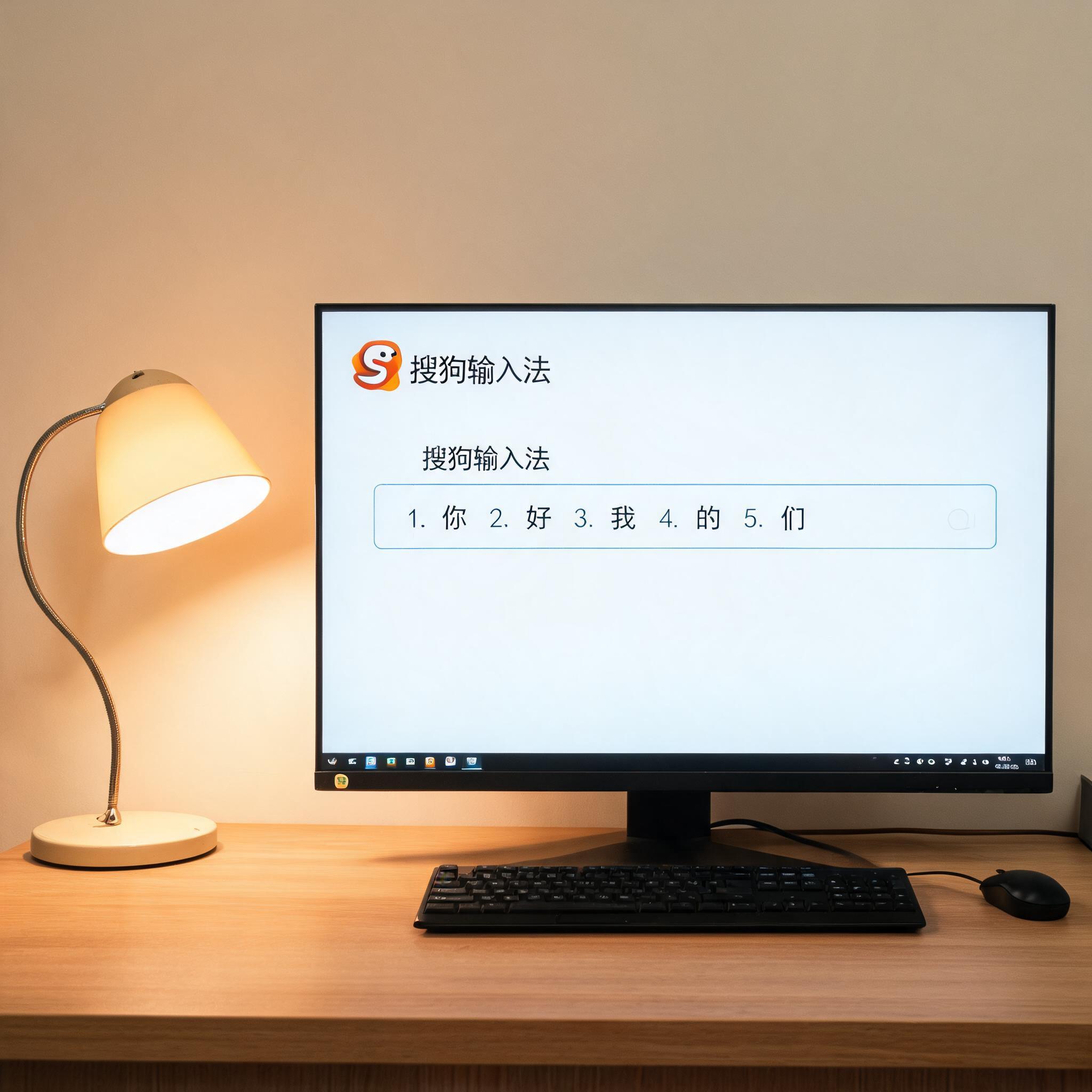 电脑桌上的电脑，屏幕显示搜狗输入法界面，旁边放着台灯