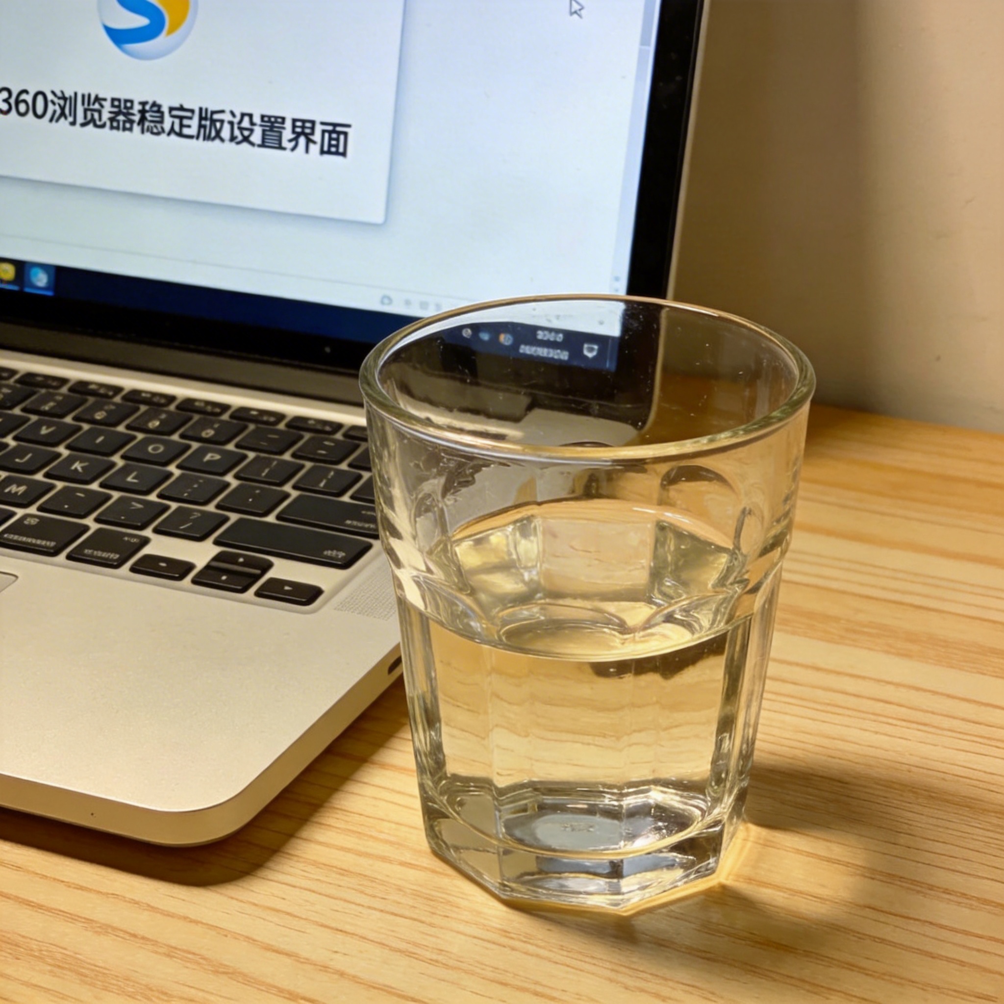 书桌上的笔记本，屏幕显示360 浏览器稳定版设置界面，桌角放着水杯，自然光