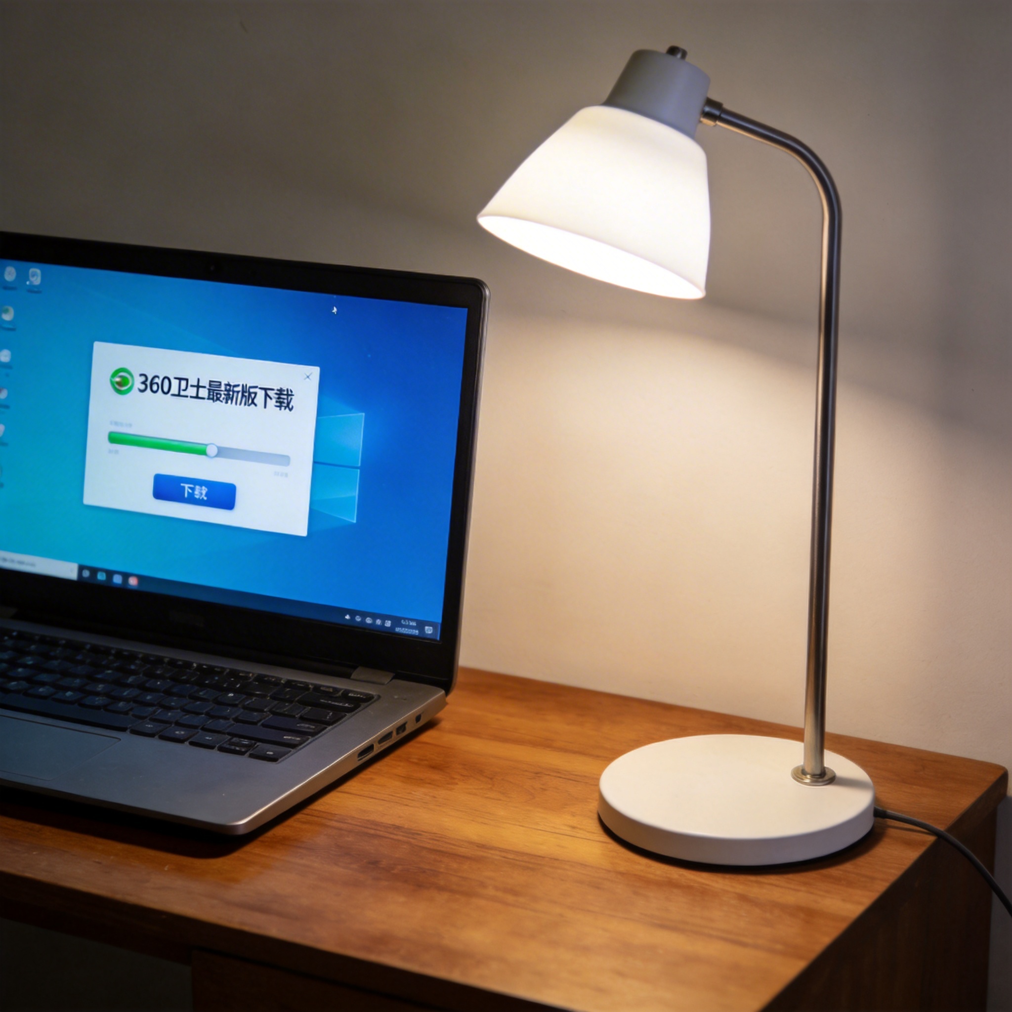 电脑桌上的电脑，屏幕显示360 卫士最新版下载界面，旁边放着台灯