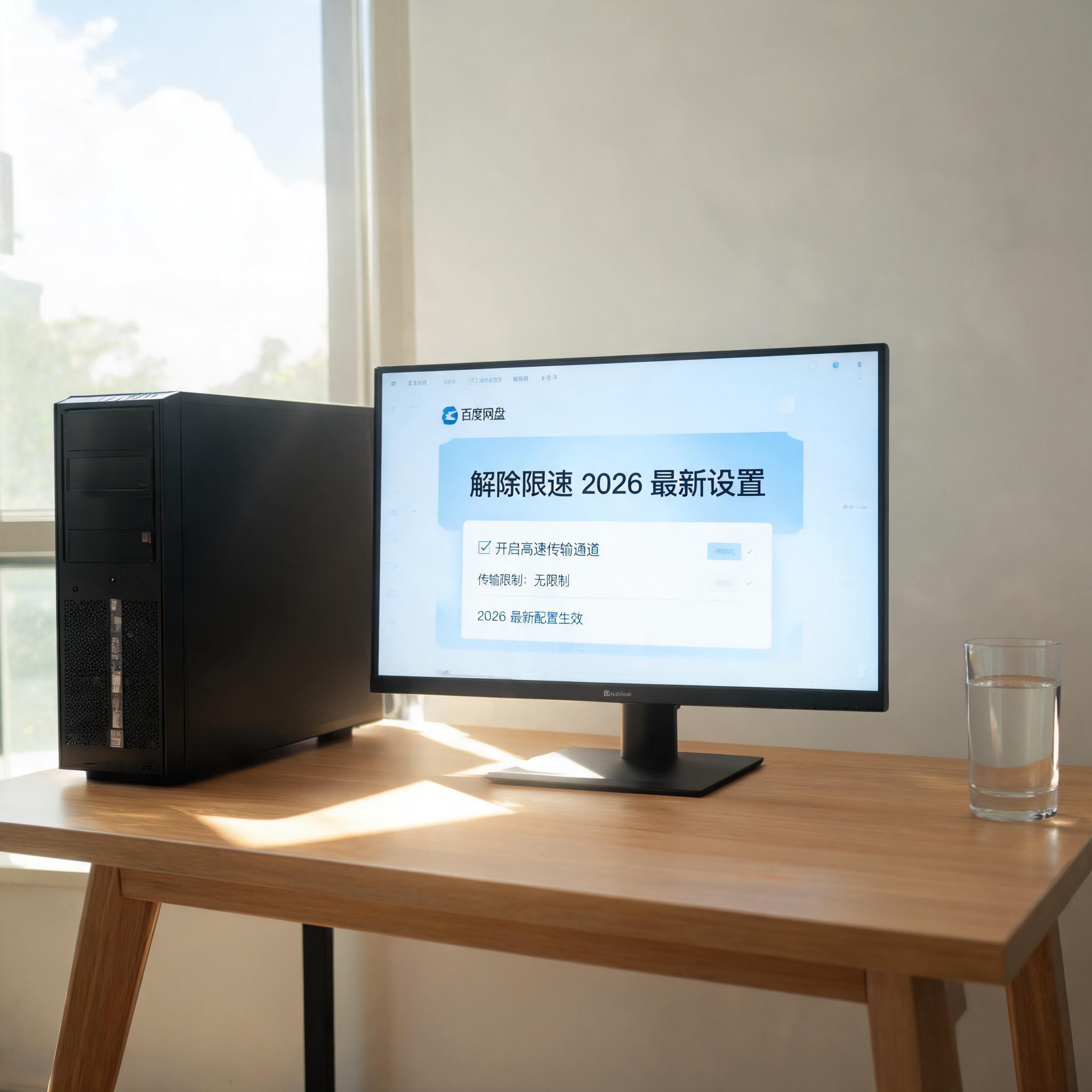 书桌上的主机，屏幕显示百度网盘解除限速 2026 最新设置界面，桌角放着水杯，自然光