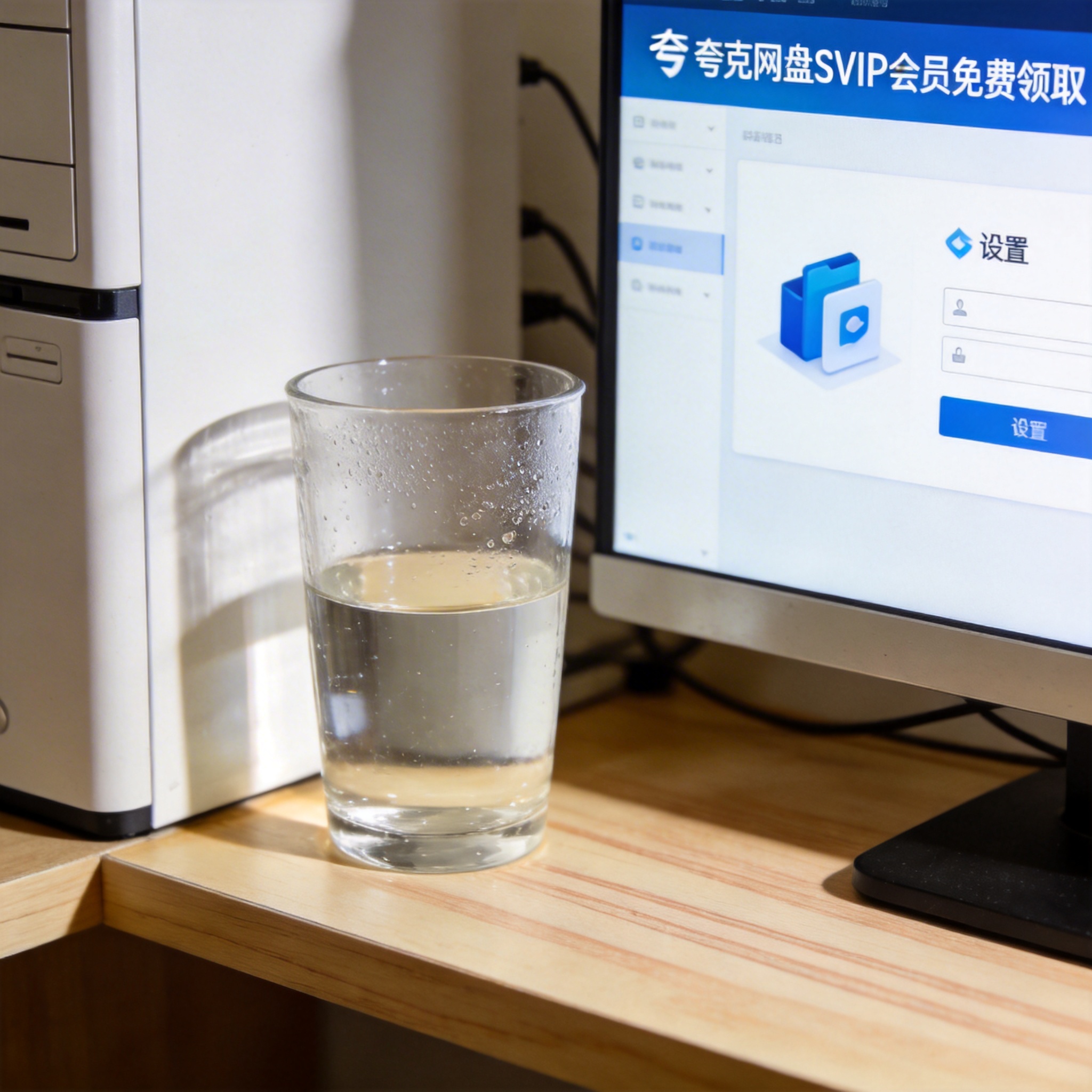 书桌上的主机，屏幕显示夸克网盘 SVIP 会员免费领取设置界面，桌角放着水杯，自然光