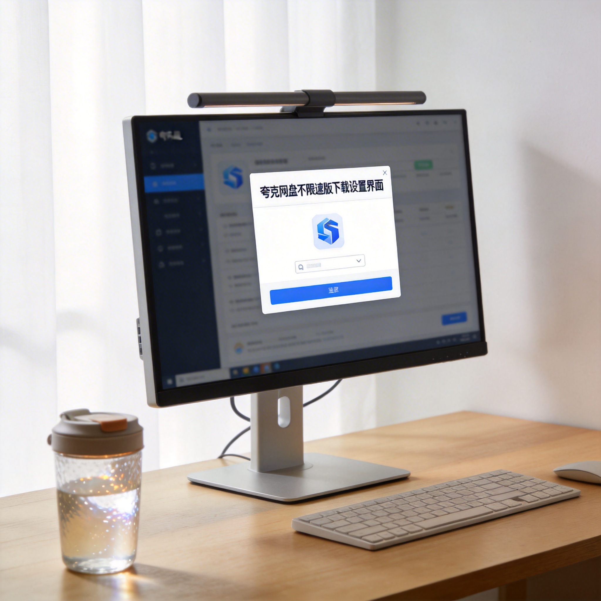 书桌上的主机，屏幕显示夸克网盘不限速版下载设置界面，桌角放着水杯，自然光