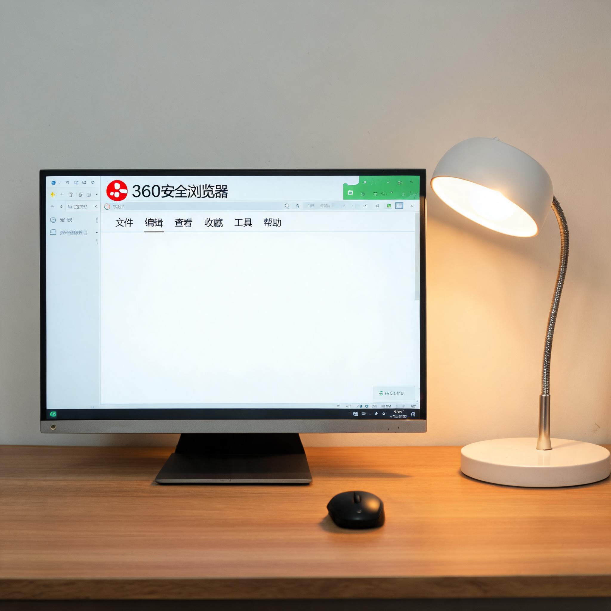 电脑桌上的电脑，屏幕显示360 浏览器正版菜单，旁边放着台灯