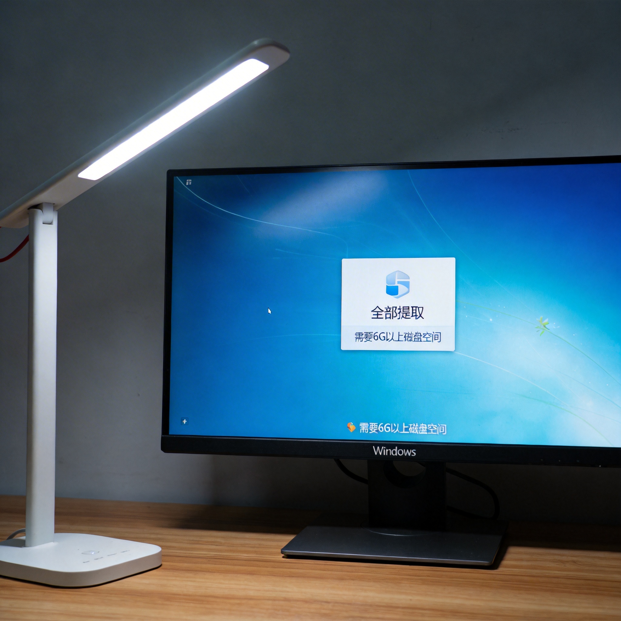 书桌上的Windows系统电脑，屏幕显示系统自带的“全部提取”向导界面，下方标注需6G以上磁盘空间，台灯冷白光
