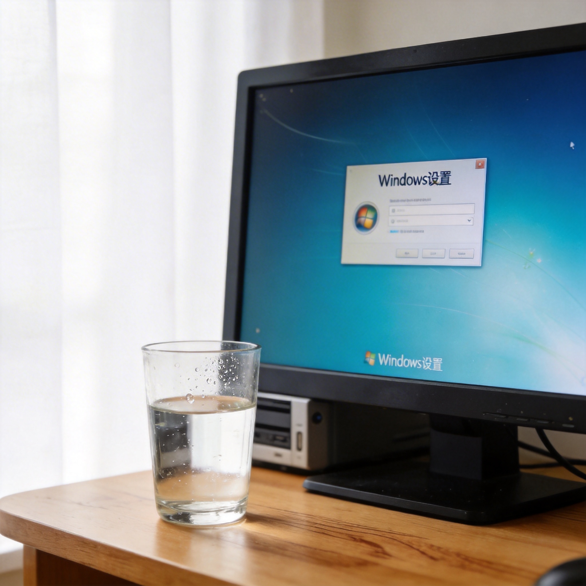 书桌上的主机，屏幕显示Windows设置界面，桌角放着水杯，自然光