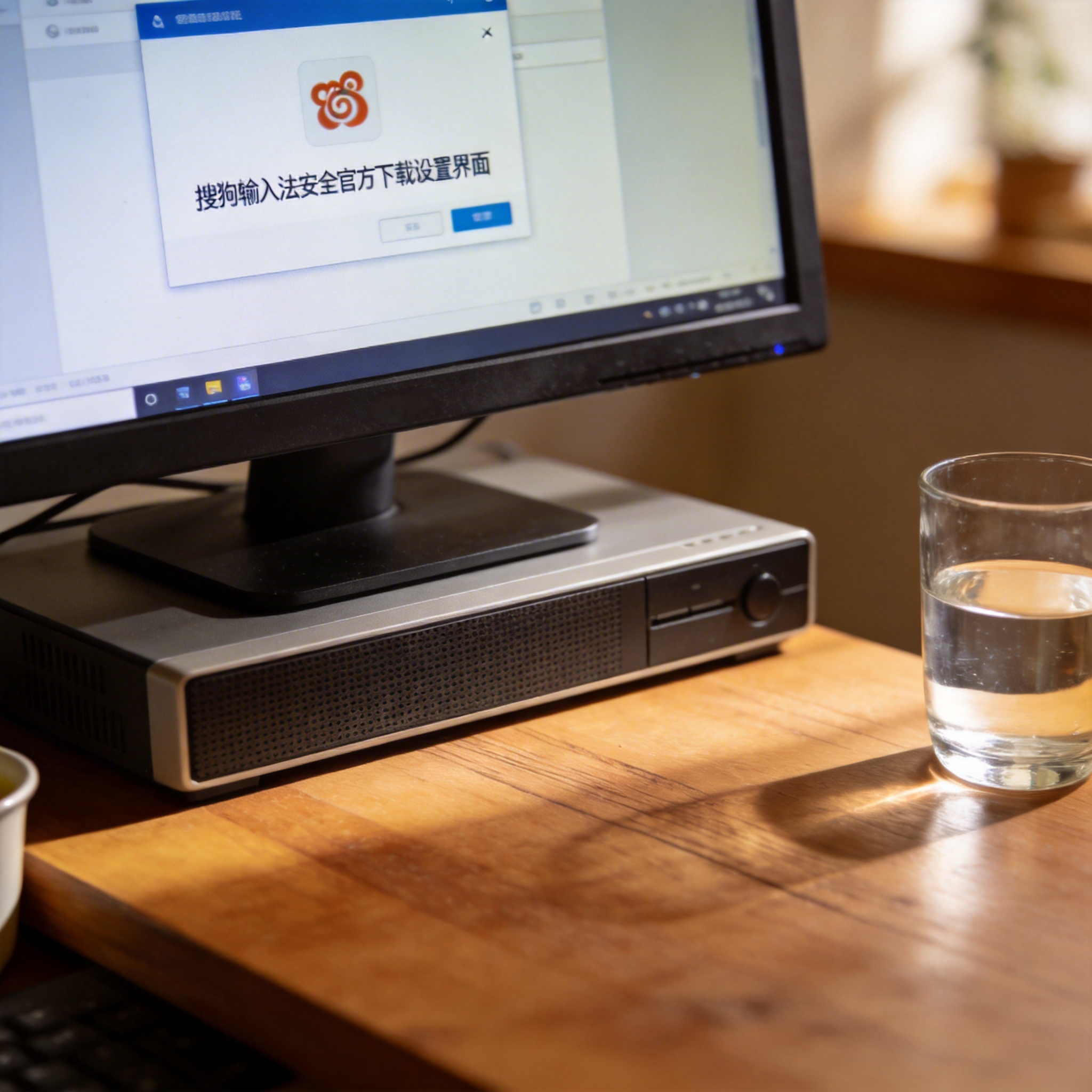 书桌上的主机，屏幕显示搜狗输入法安全官方下载设置界面，桌角放着水杯，自然光