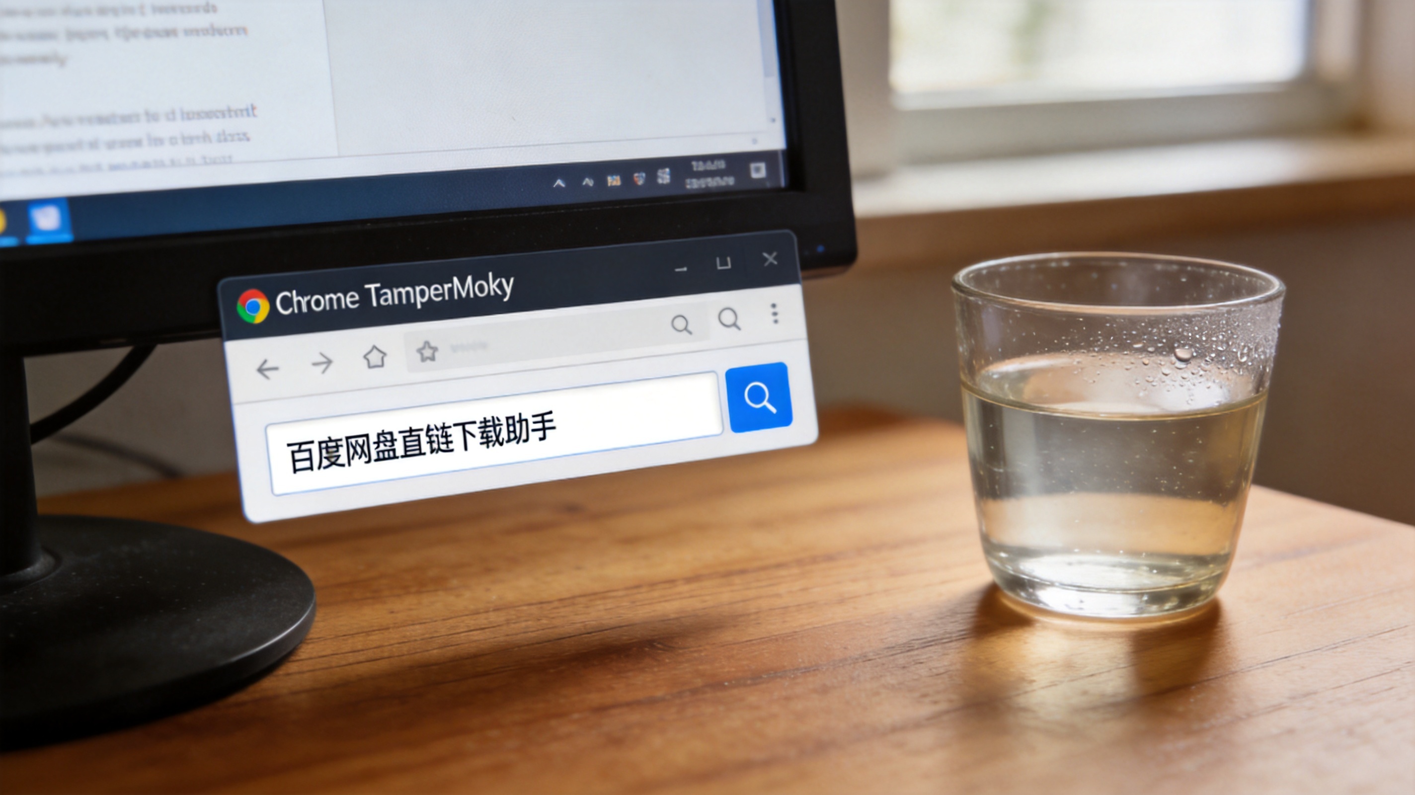 电脑桌面，屏幕显示Chrome浏览器的Tampermonkey插件界面，正在搜索“百度网盘直链下载助手”脚本，桌面放着半杯温水，室内自然光