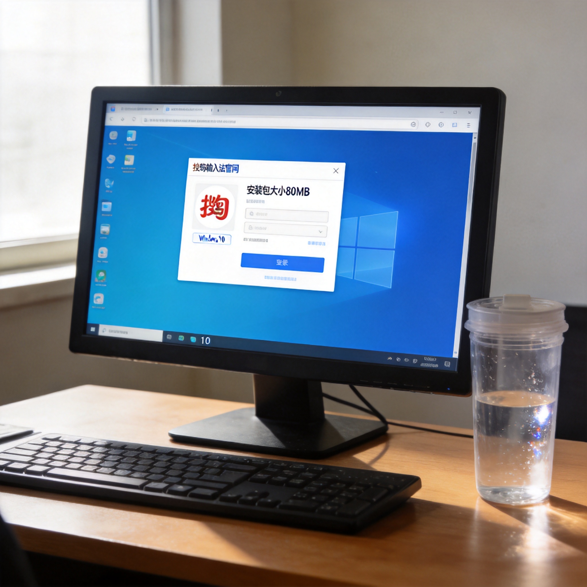 电脑桌的Windows10系统电脑，屏幕显示搜狗输入法官网下载页面，标注安装包大小80MB，桌面放着塑料水杯，室内自然光