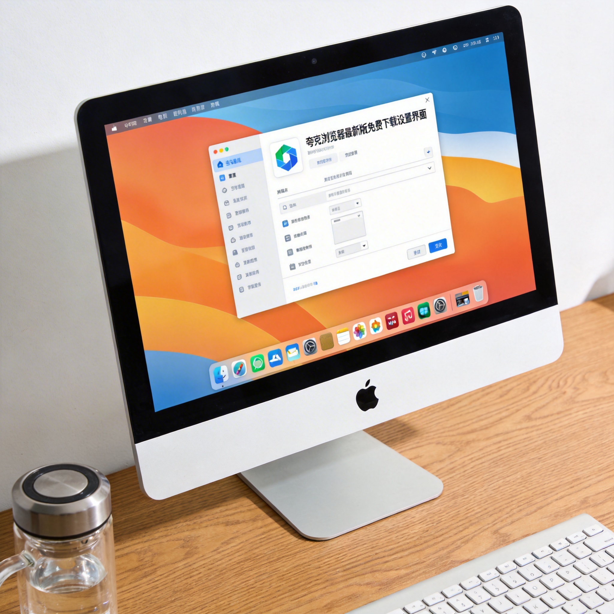 书桌上的主机，屏幕显示夸克浏览器最新版免费下载设置界面，桌角放着水杯，自然光