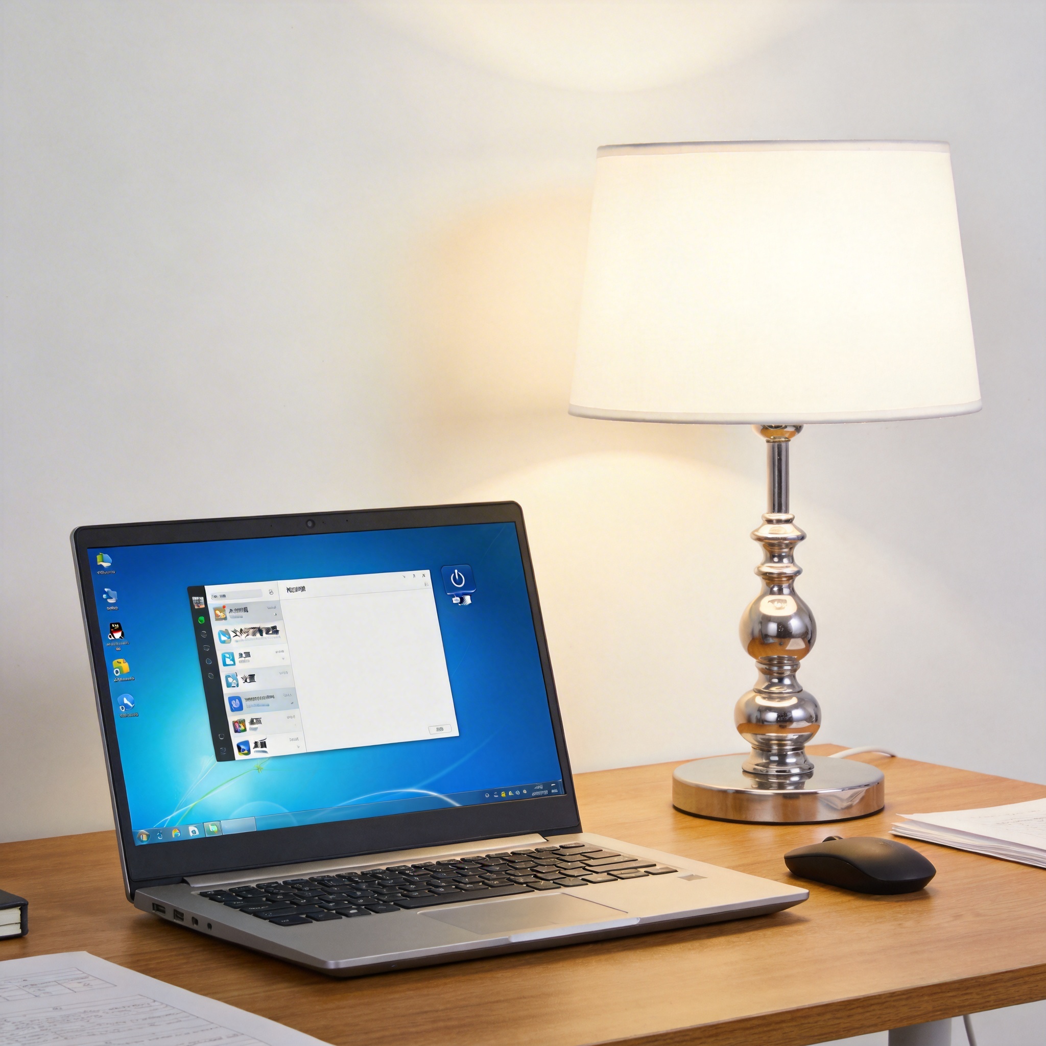 电脑桌上的电脑，屏幕显示Windows菜单，旁边放着台灯