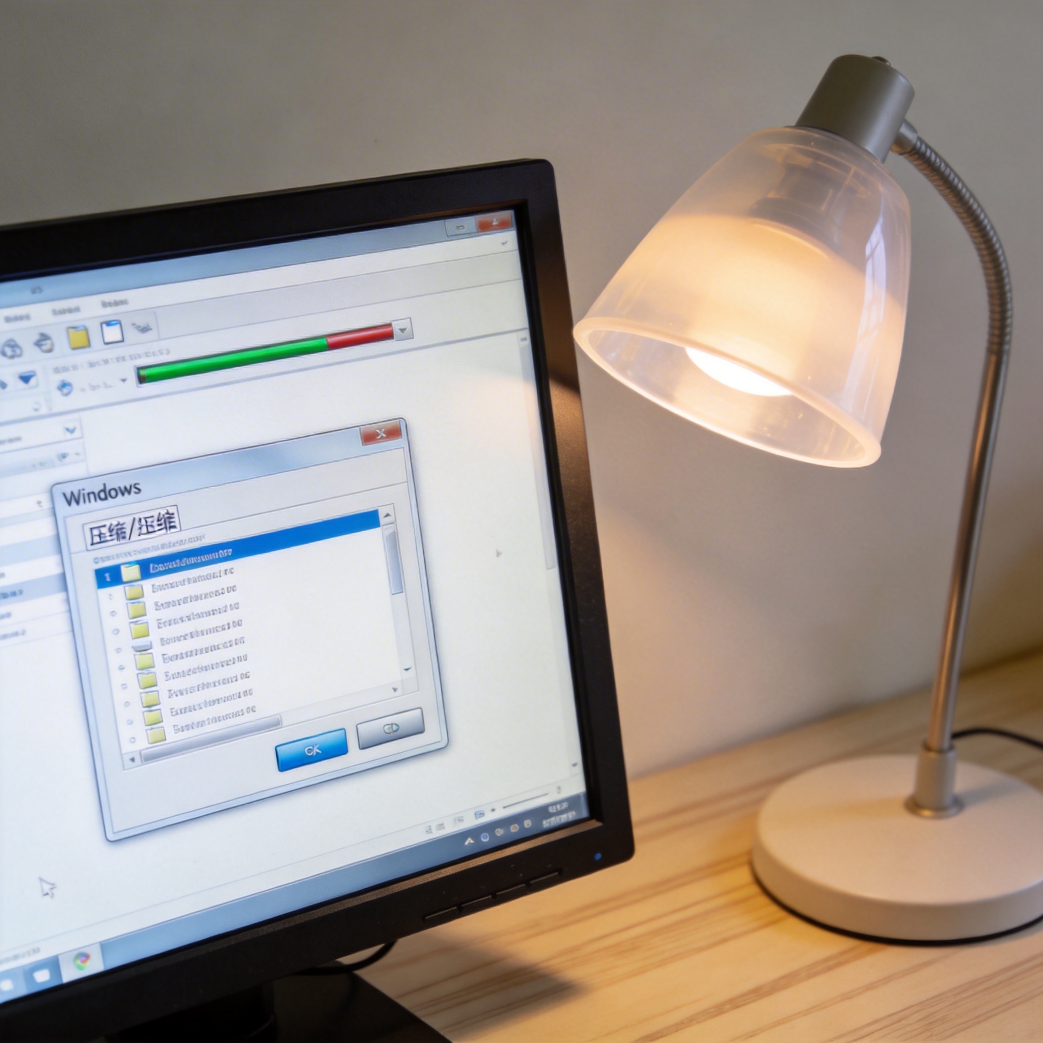 电脑桌上的电脑，屏幕显示电脑 win 压缩解压缩软件界面，旁边放着台灯