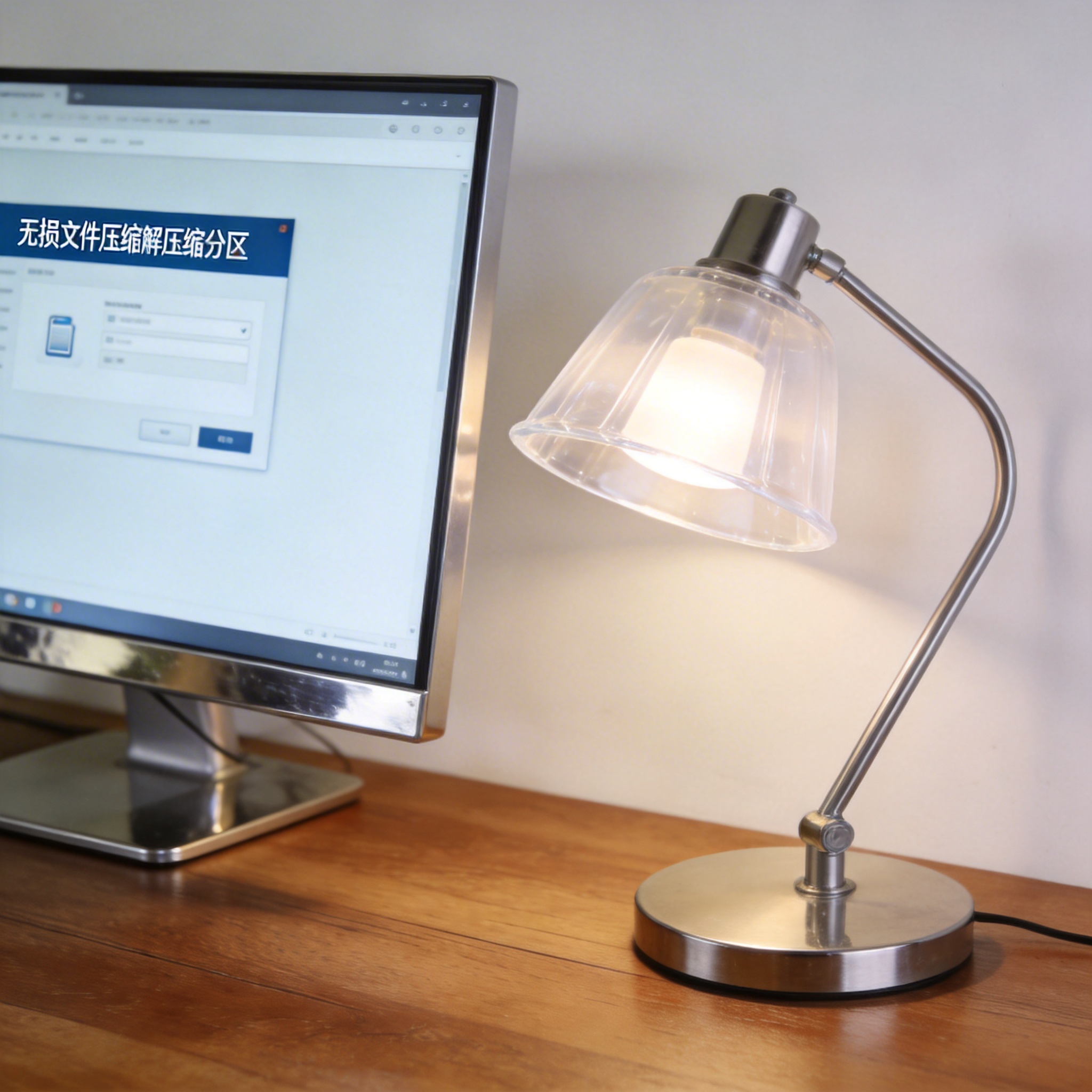 电脑桌上的电脑，屏幕显示无损文件压缩解压缩分区，旁边放着台灯