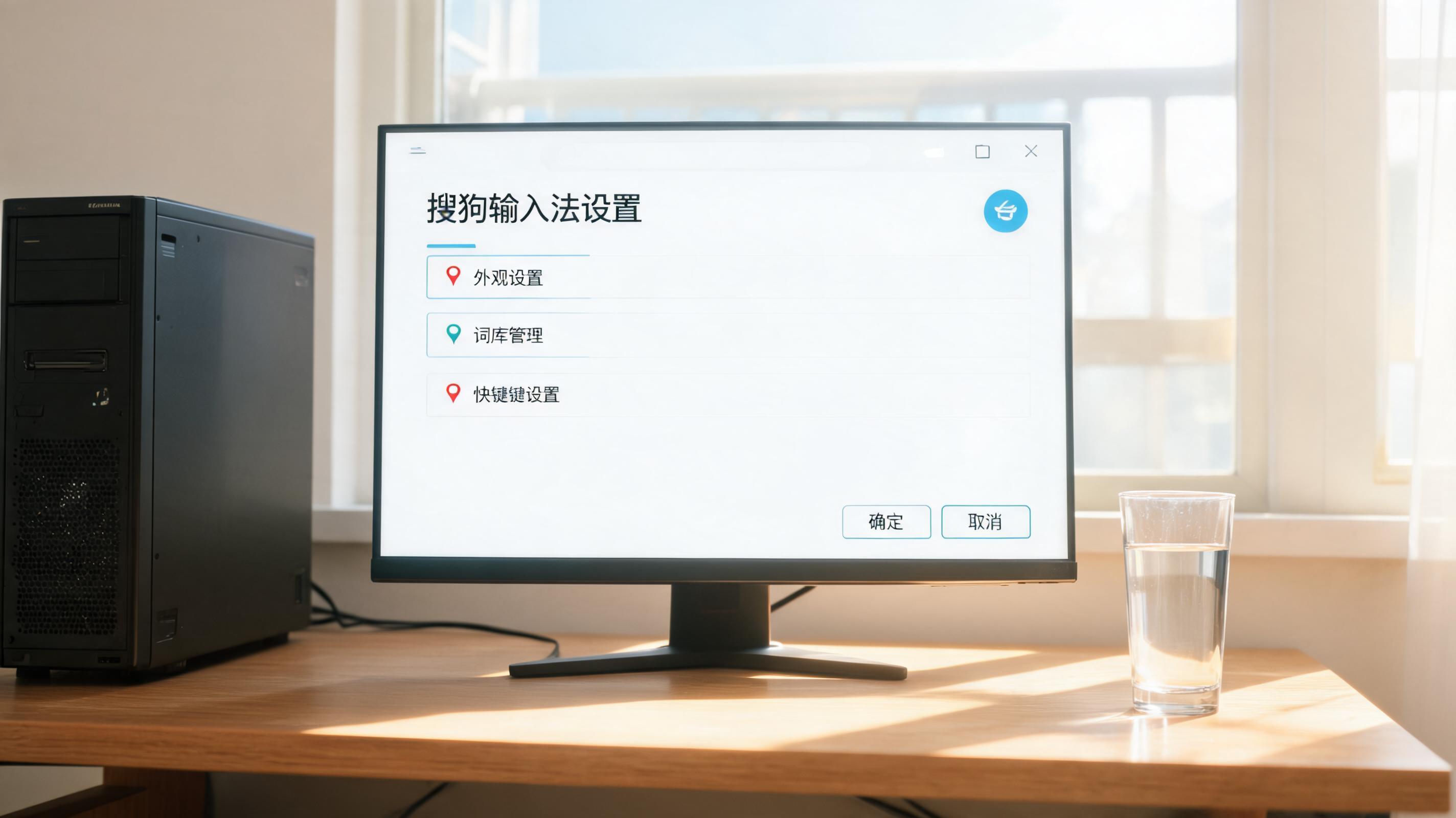 书桌上的主机，屏幕显示搜狗输入法设置界面，桌角放着水杯，自然光