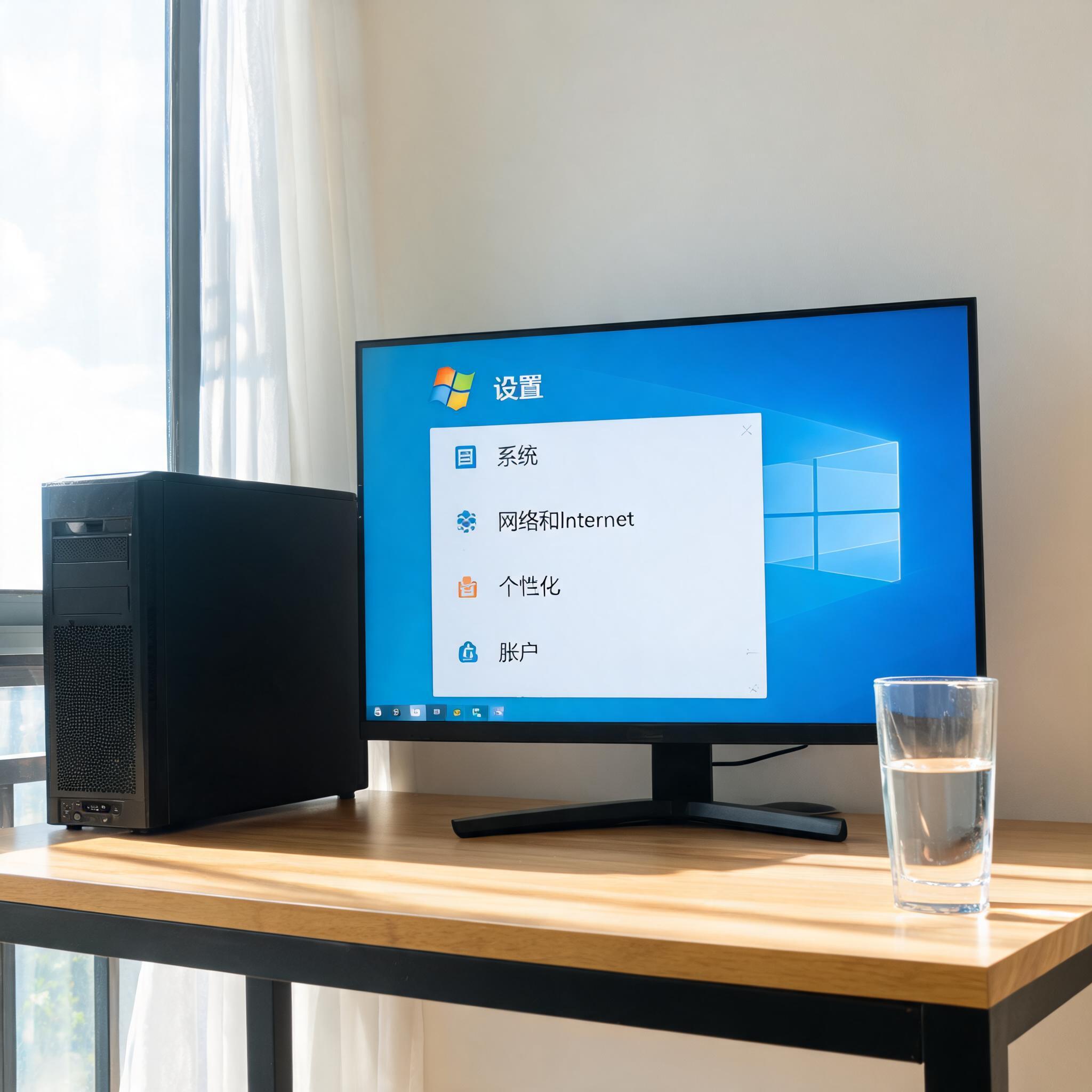 书桌上的主机，屏幕显示Windows设置界面，桌角放着水杯，自然光