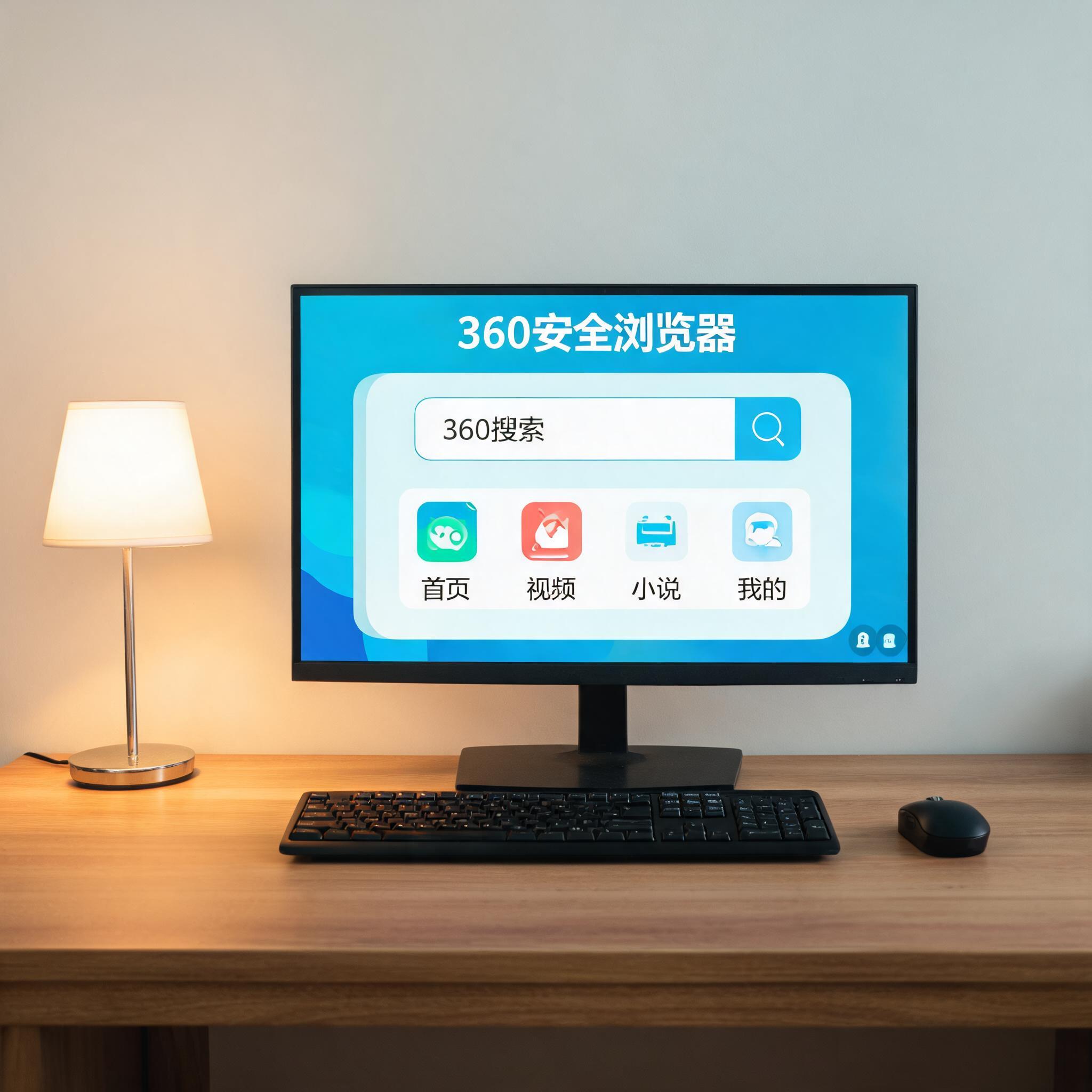 电脑桌上的电脑，屏幕显示手机版 360 安全浏览器界面，旁边放着台灯