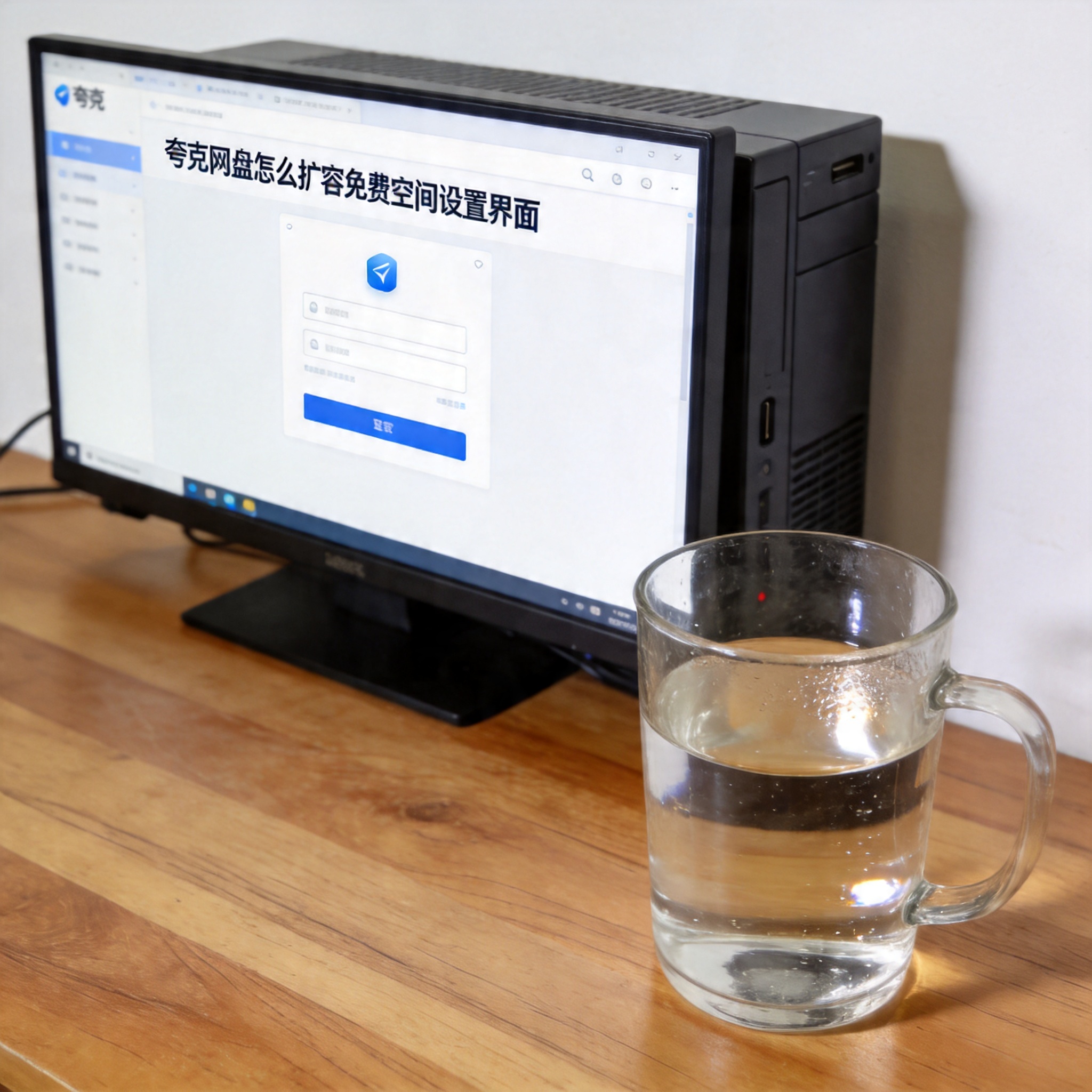 书桌上的主机，屏幕显示夸克网盘怎么扩容免费空间设置界面，桌角放着水杯，自然光