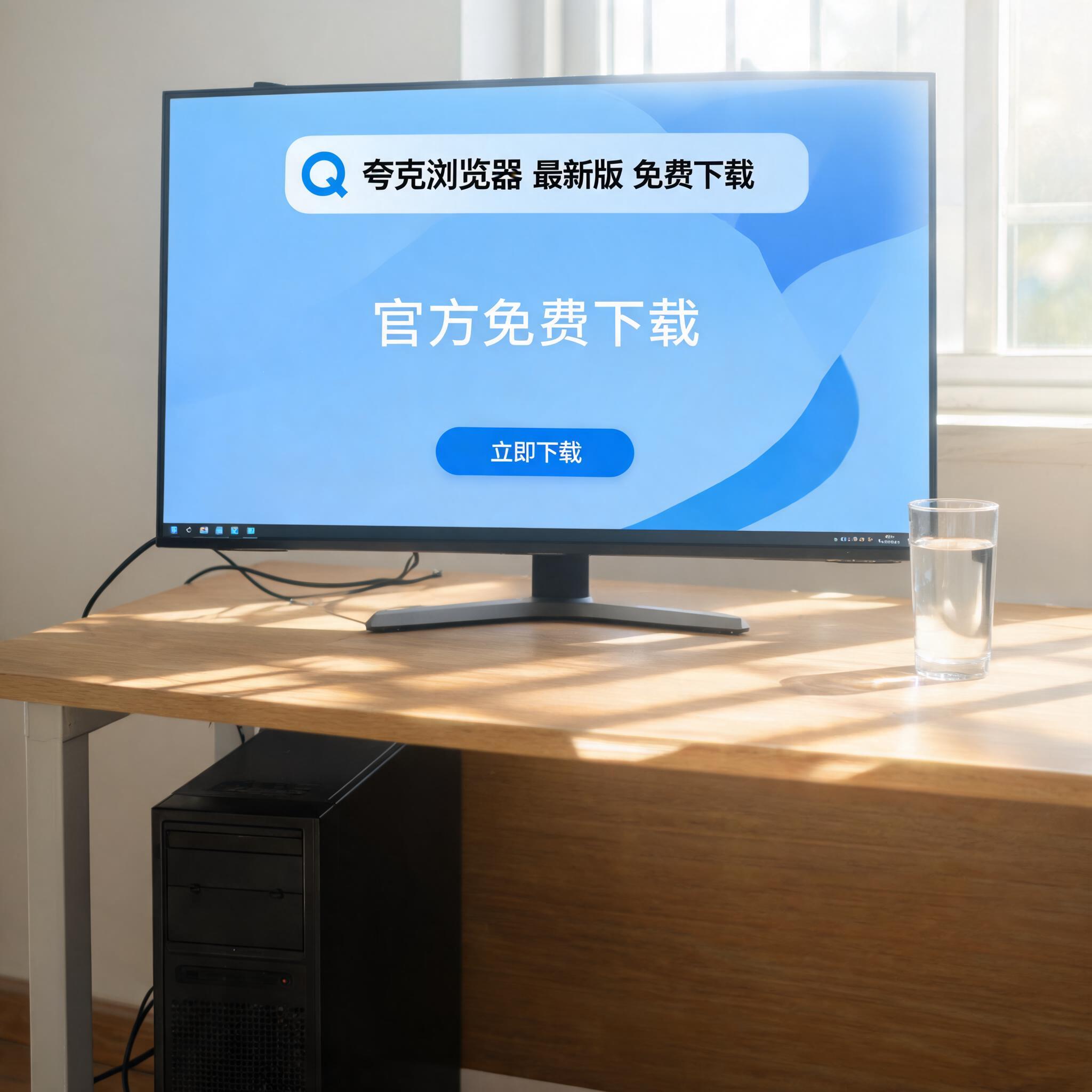 书桌上的主机，屏幕显示夸克浏览器最新版免费下载设置界面，桌角放着水杯，自然光