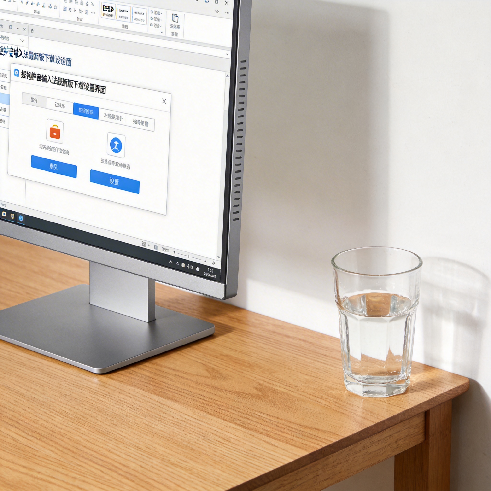 书桌上的主机，屏幕显示搜狗拼音输入法最新版下载设置界面，桌角放着水杯，自然光