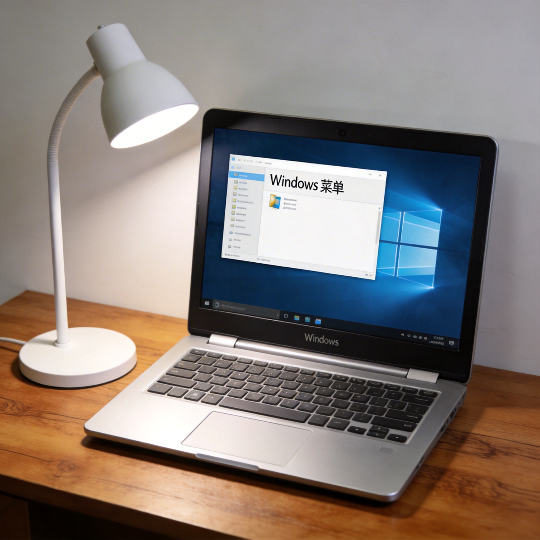电脑桌上的电脑，屏幕显示Windows菜单，旁边放着台灯