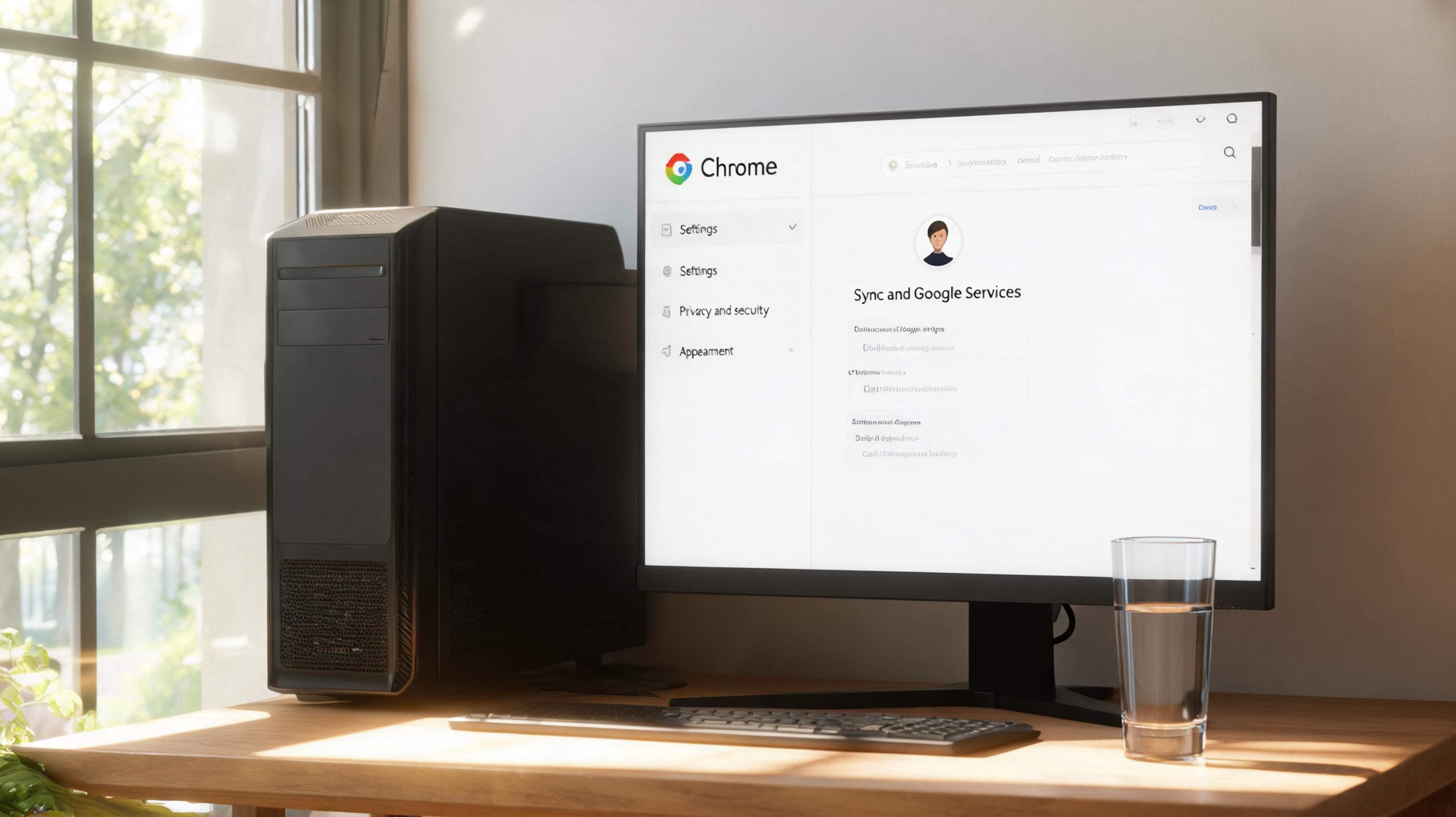 书桌上的主机，屏幕显示Chrome设置界面，桌角放着水杯，自然光