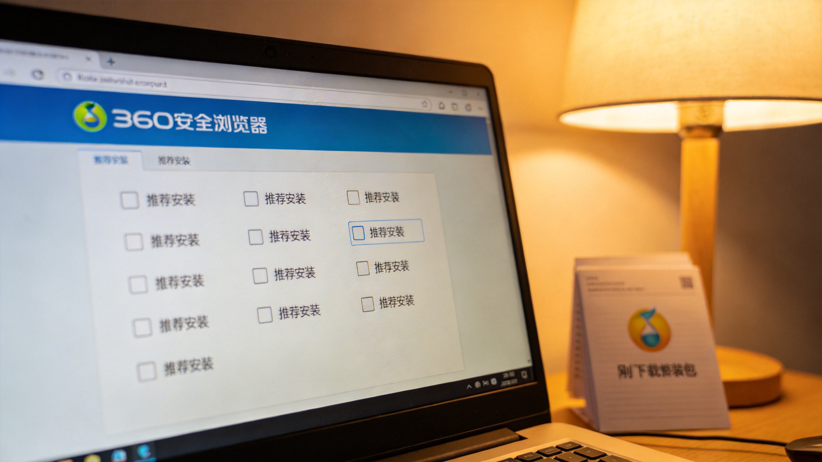 电脑屏幕显示360安全浏览器安装界面，所有“推荐安装”勾选框都已取消，旁边放着刚下载好的安装包文件，台灯暖光