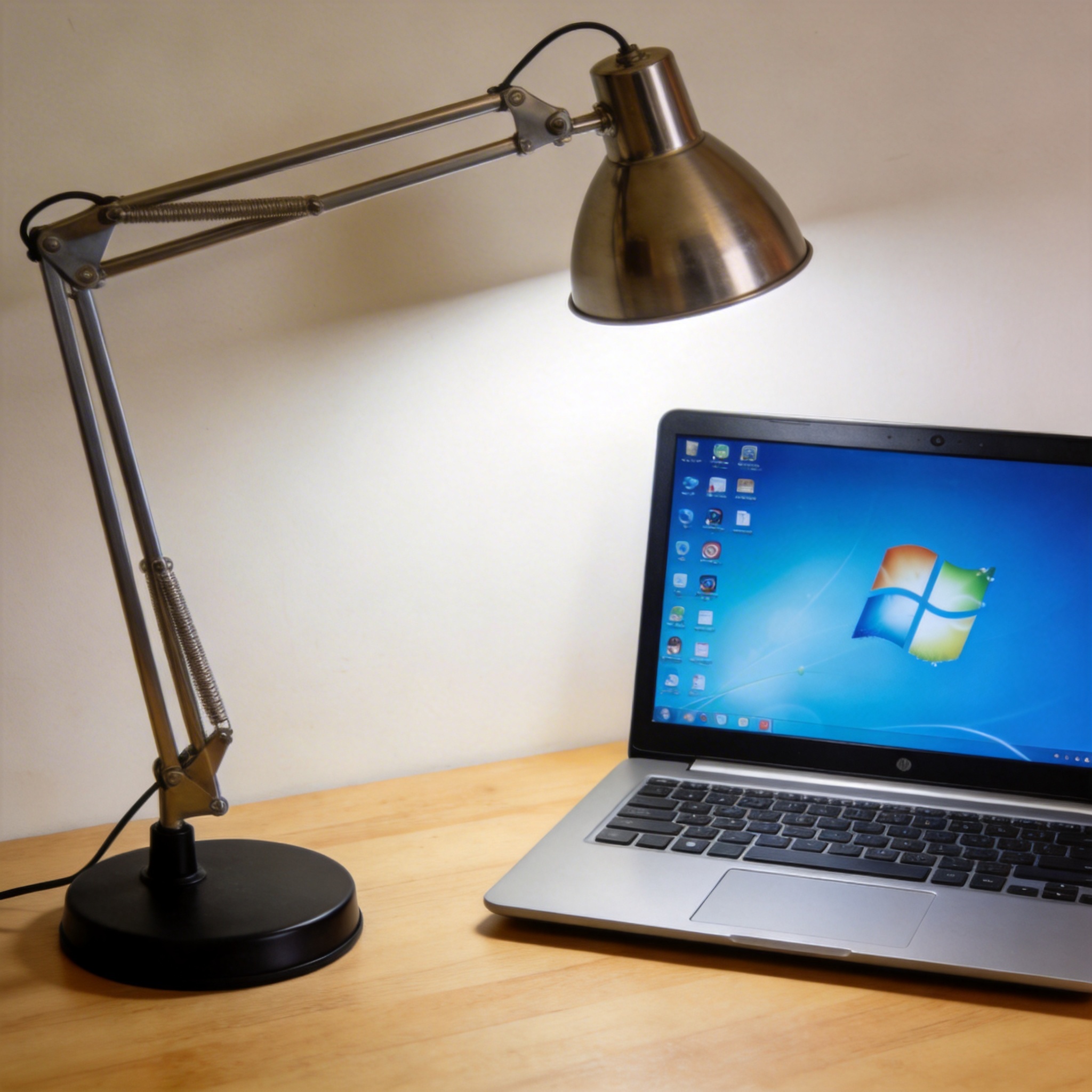 电脑桌上的电脑，屏幕显示Windows界面，旁边放着台灯