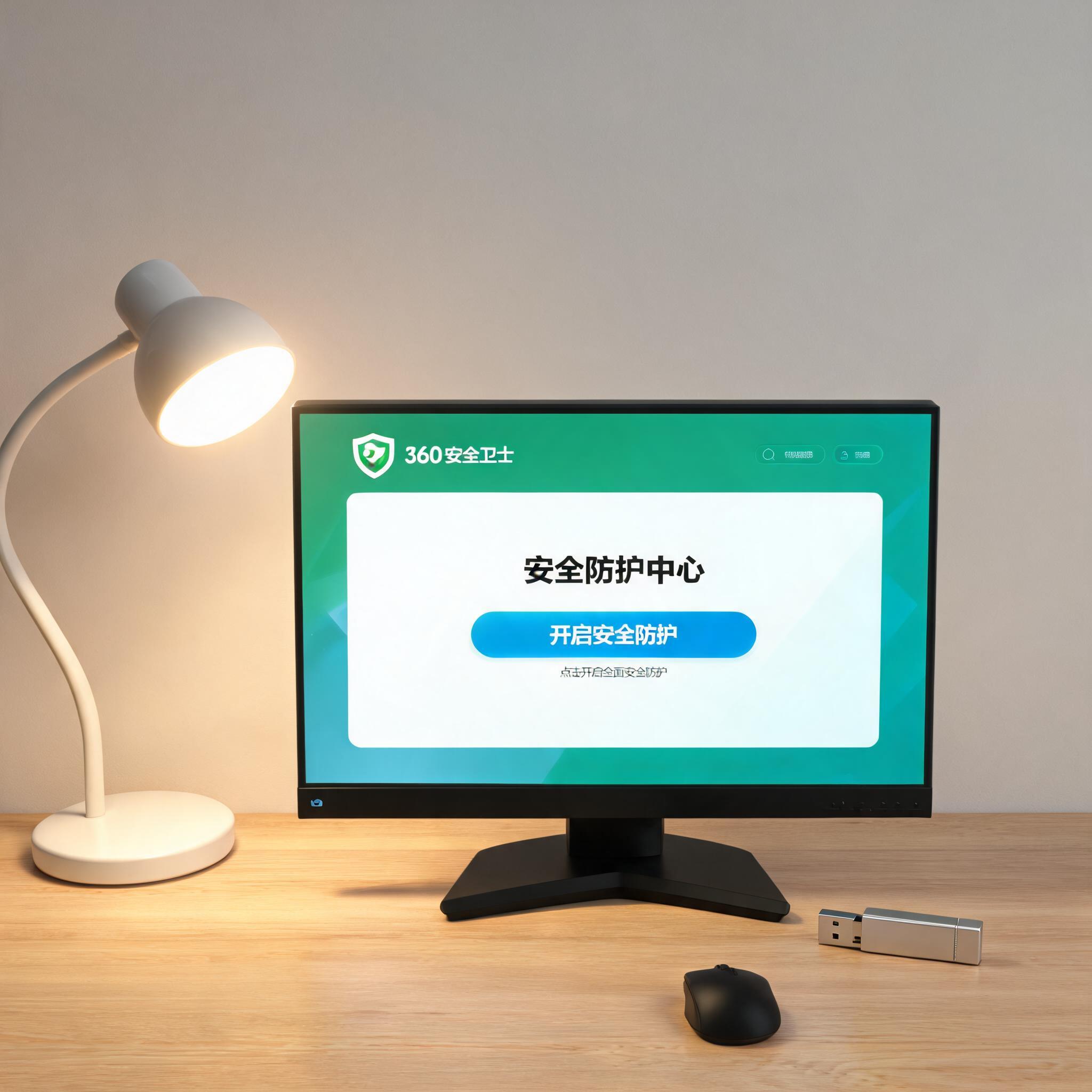 电脑桌上的U盘，屏幕显示360 卫士怎么开启安全防护界面，旁边放着台灯