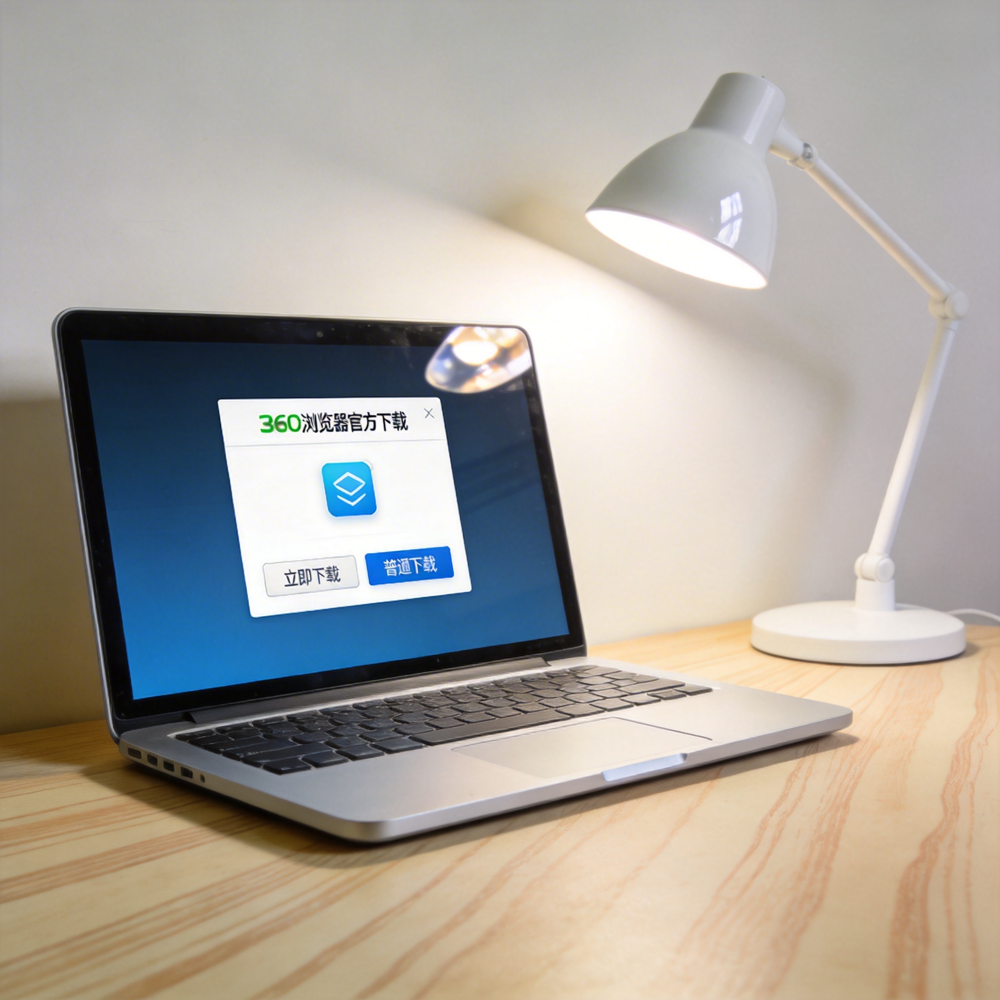 电脑桌上的电脑，屏幕显示360 浏览器官方下载菜单，旁边放着台灯