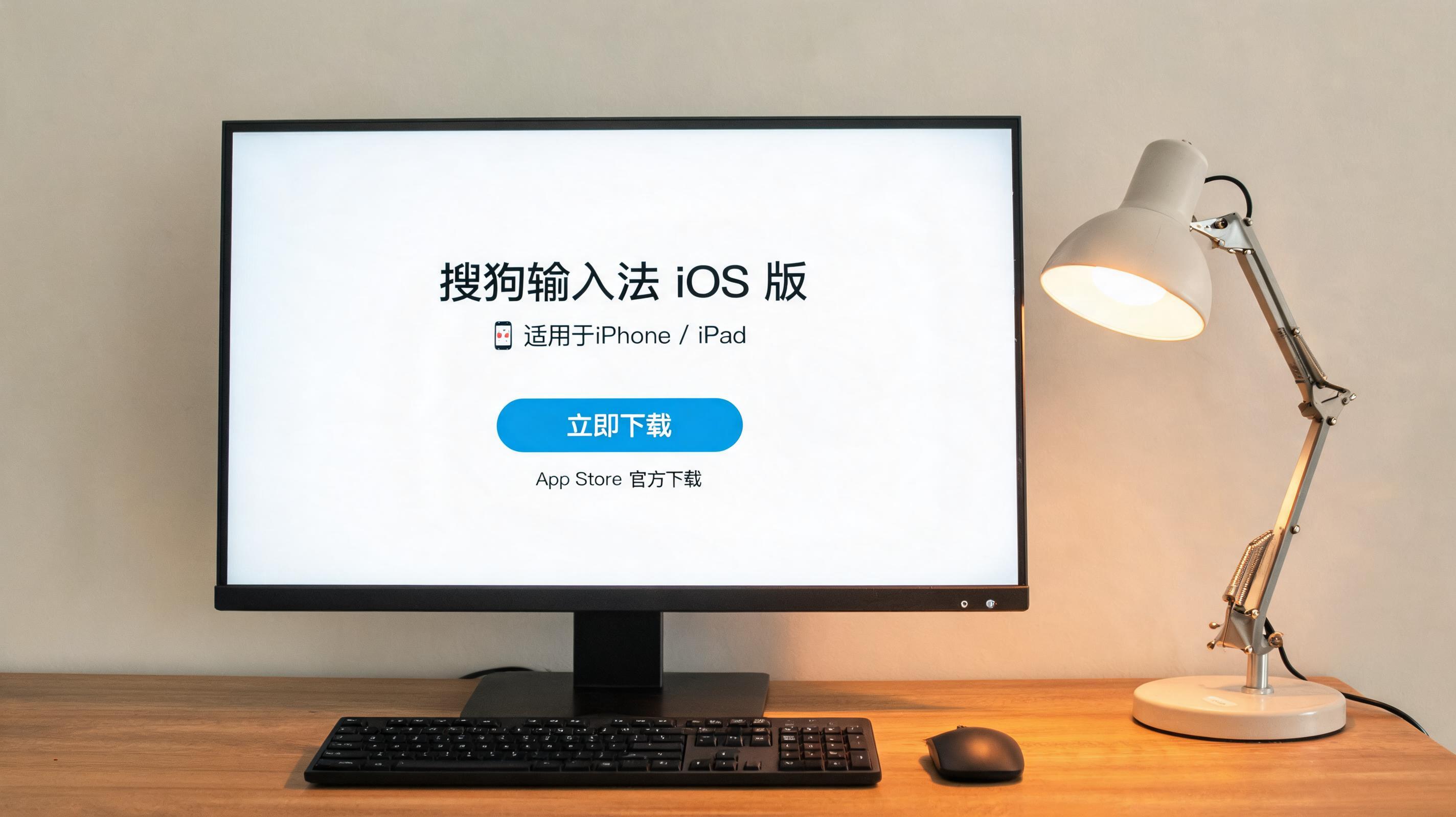 电脑桌上的电脑，屏幕显示搜狗输入法 iOS 版下载界面，旁边放着台灯
