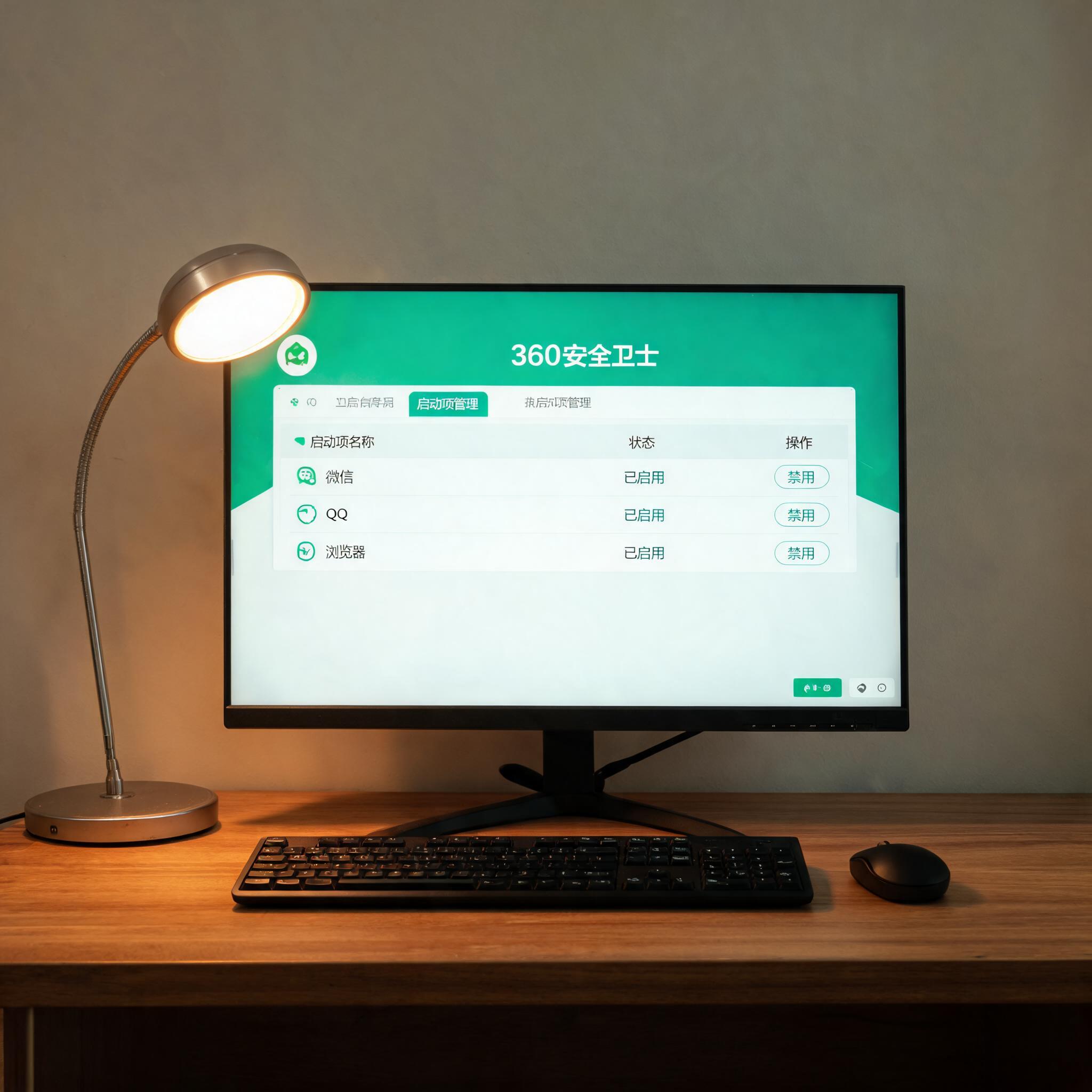 电脑桌上的电脑，屏幕显示360 卫士启动项管理启动项，旁边放着台灯