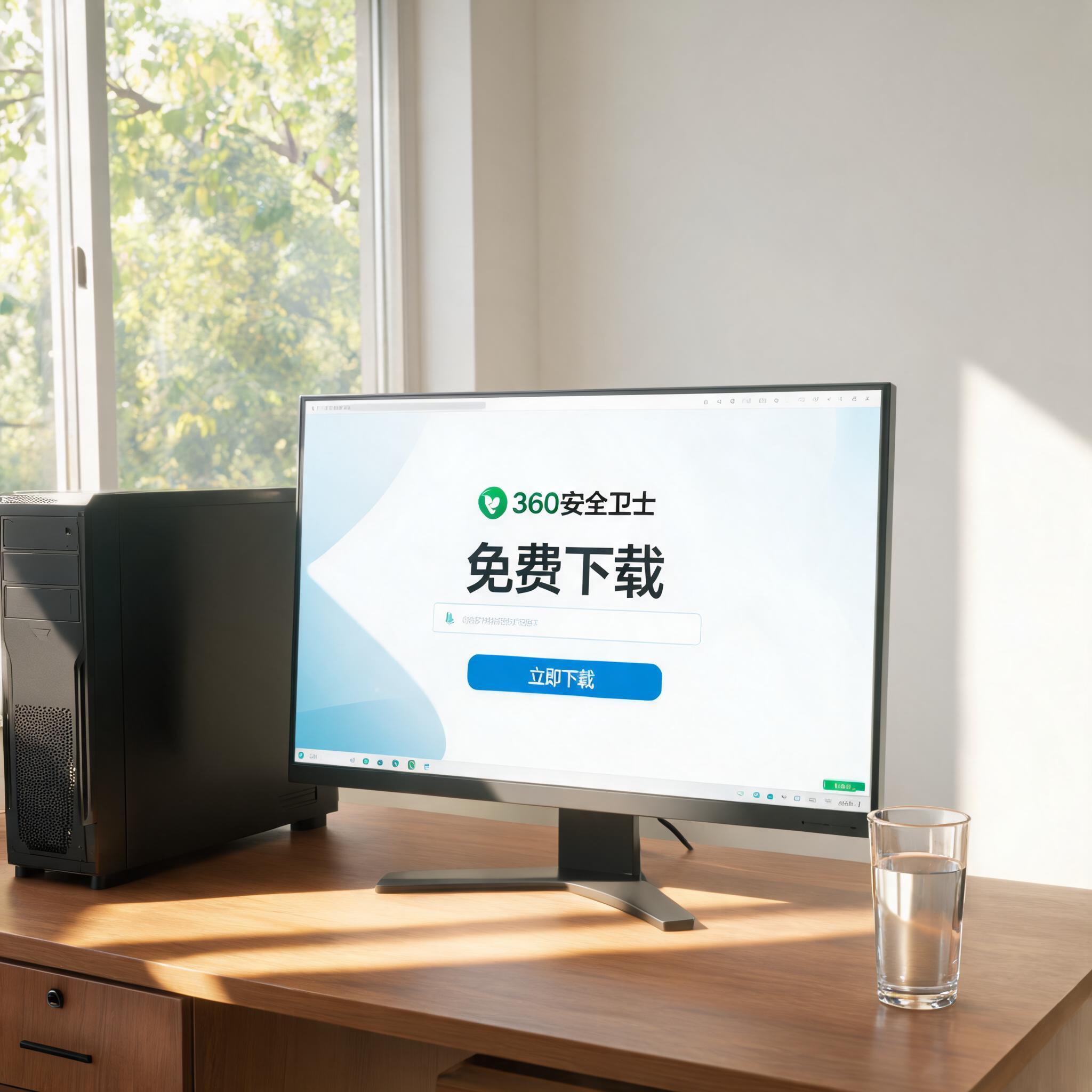 书桌上的主机，屏幕显示360 安全卫士免费下载设置界面，桌角放着水杯，自然光
