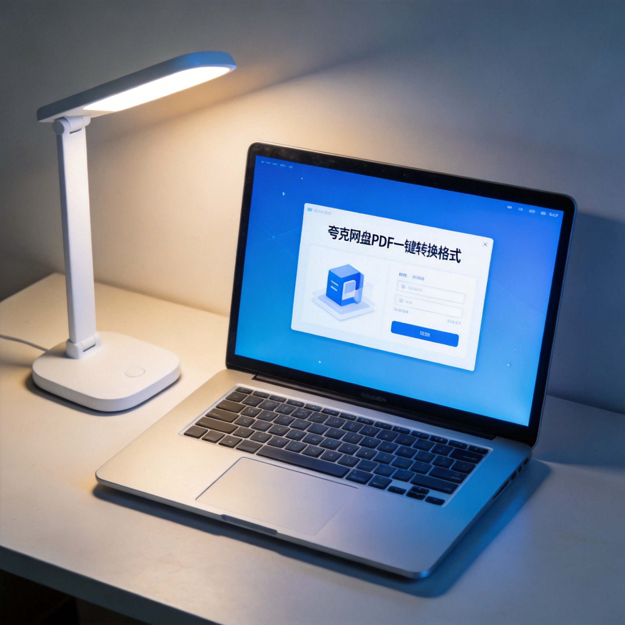 电脑桌上的电脑，屏幕显示夸克网盘 PDF 一键转换格式界面，旁边放着台灯