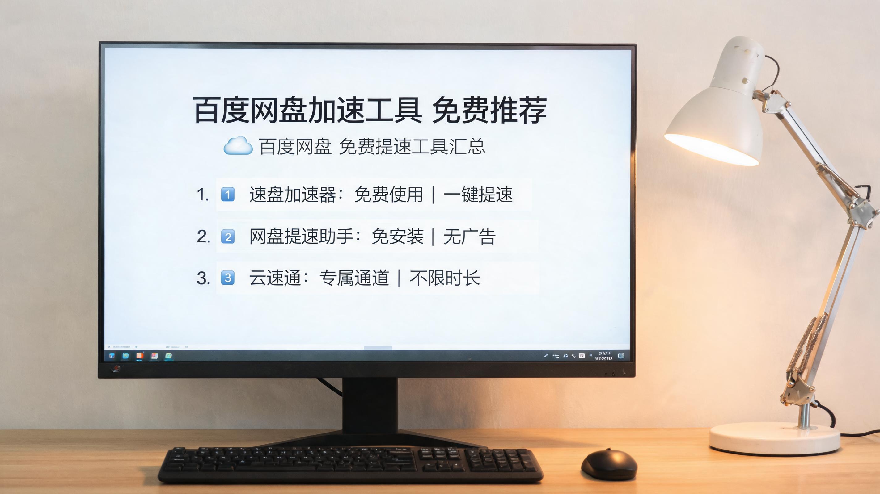 电脑桌上的电脑，屏幕显示百度网盘加速工具免费推荐界面，旁边放着台灯