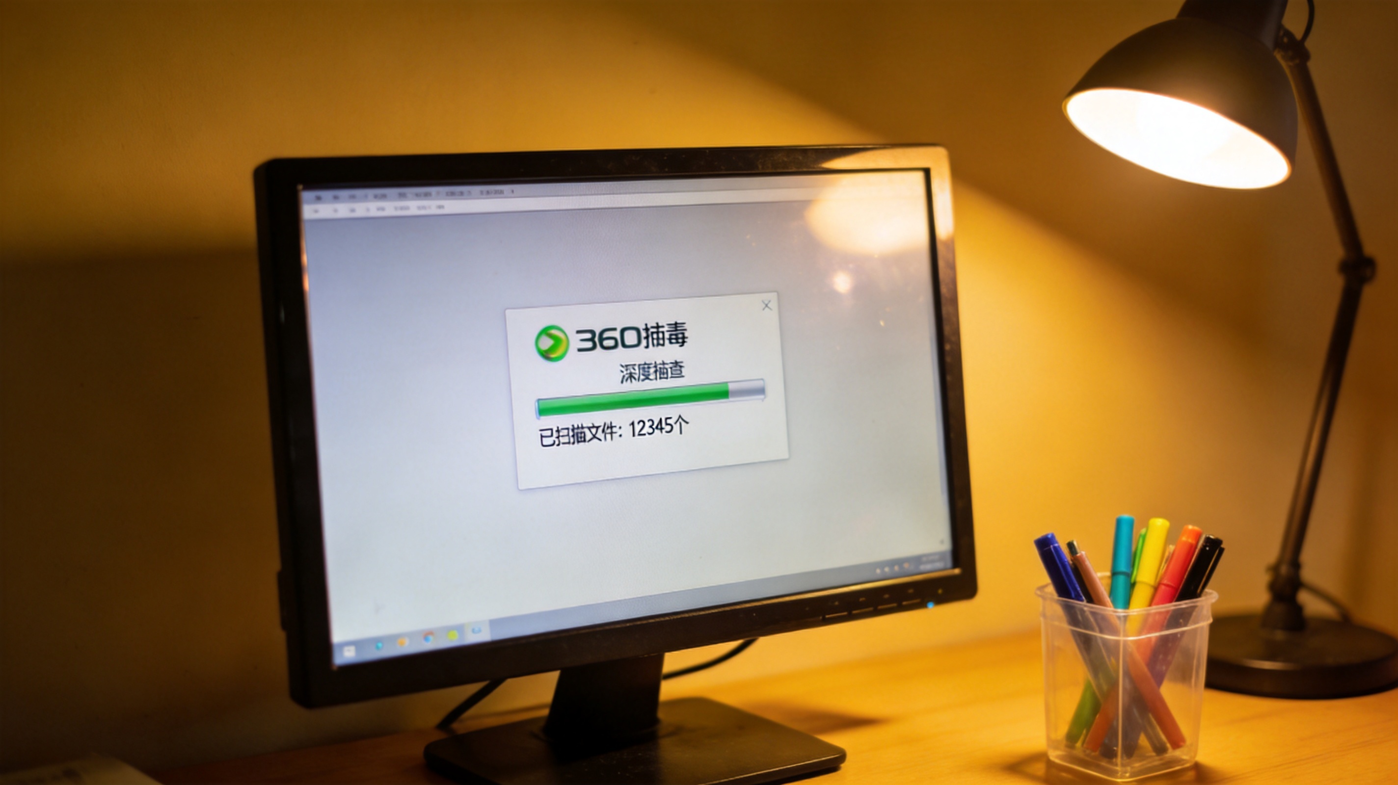 电脑屏幕显示360杀毒软件深度扫描进度条，下方标注已扫描文件数量，桌面角落有个塑料笔筒，台灯暖光