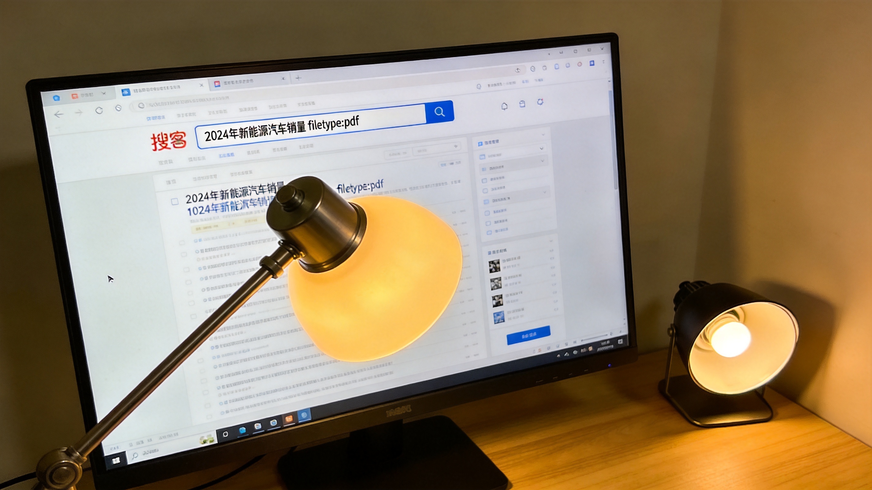 电脑屏幕显示搜狗搜索结果页，搜索框里有“2024年新能源汽车销量 filetype:pdf”字样，桌面角落有一盏打开的台灯