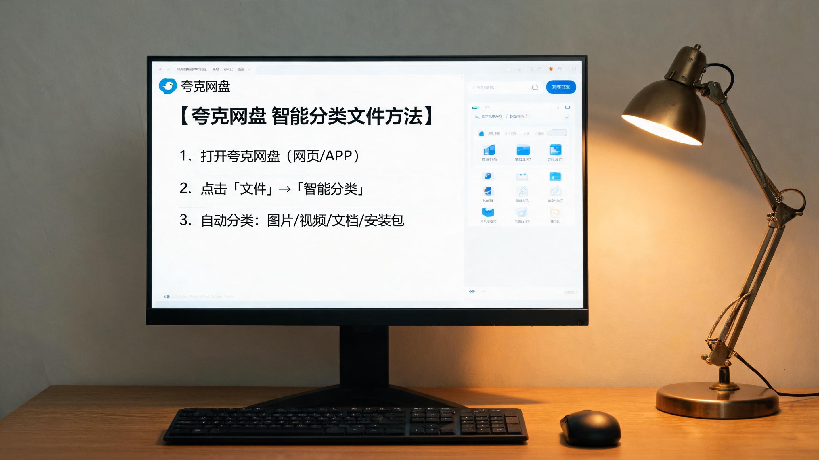 电脑桌上的电脑，屏幕显示夸克网盘智能分类文件方法界面，旁边放着台灯