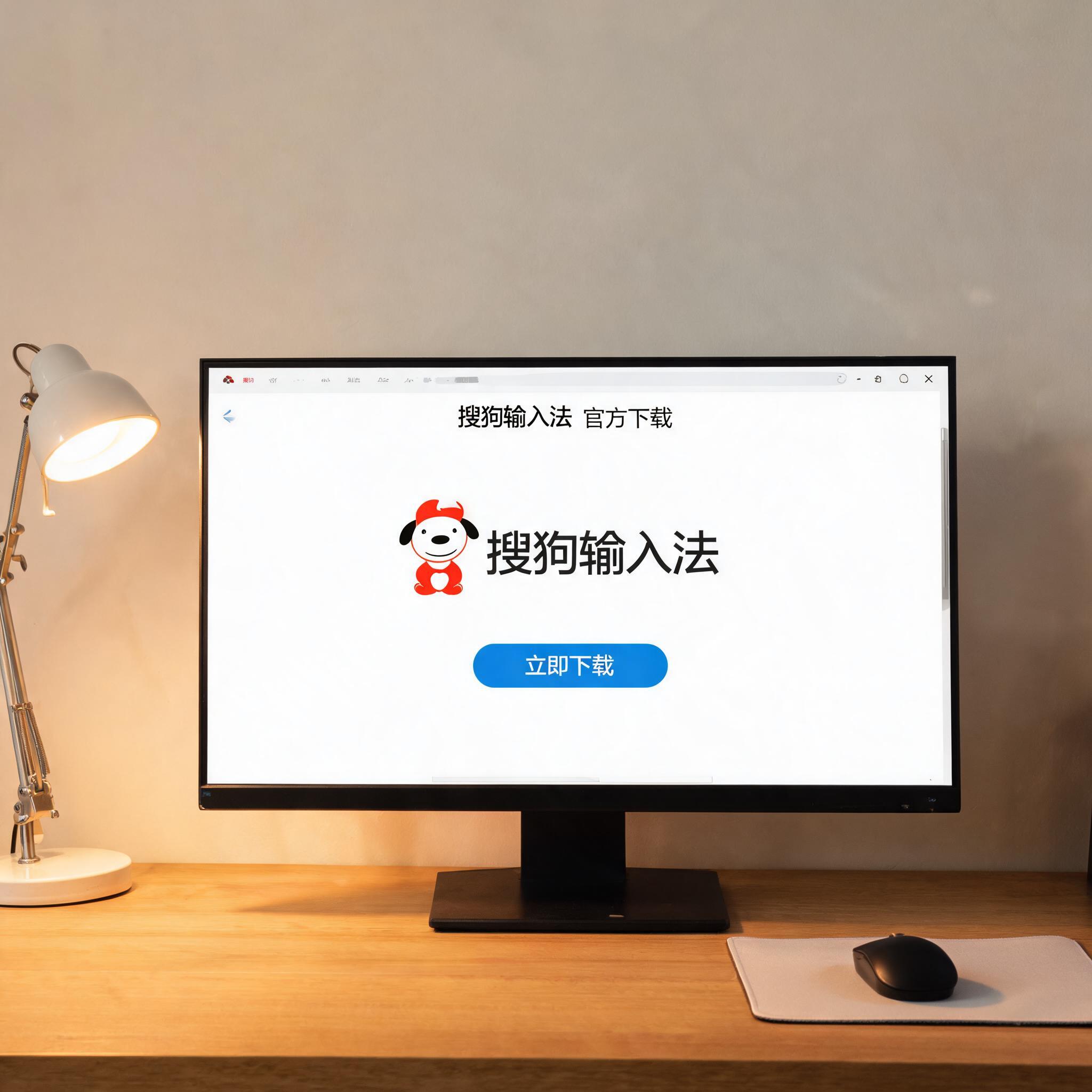 电脑桌上的电脑，屏幕显示搜狗输入法下载界面，旁边放着台灯