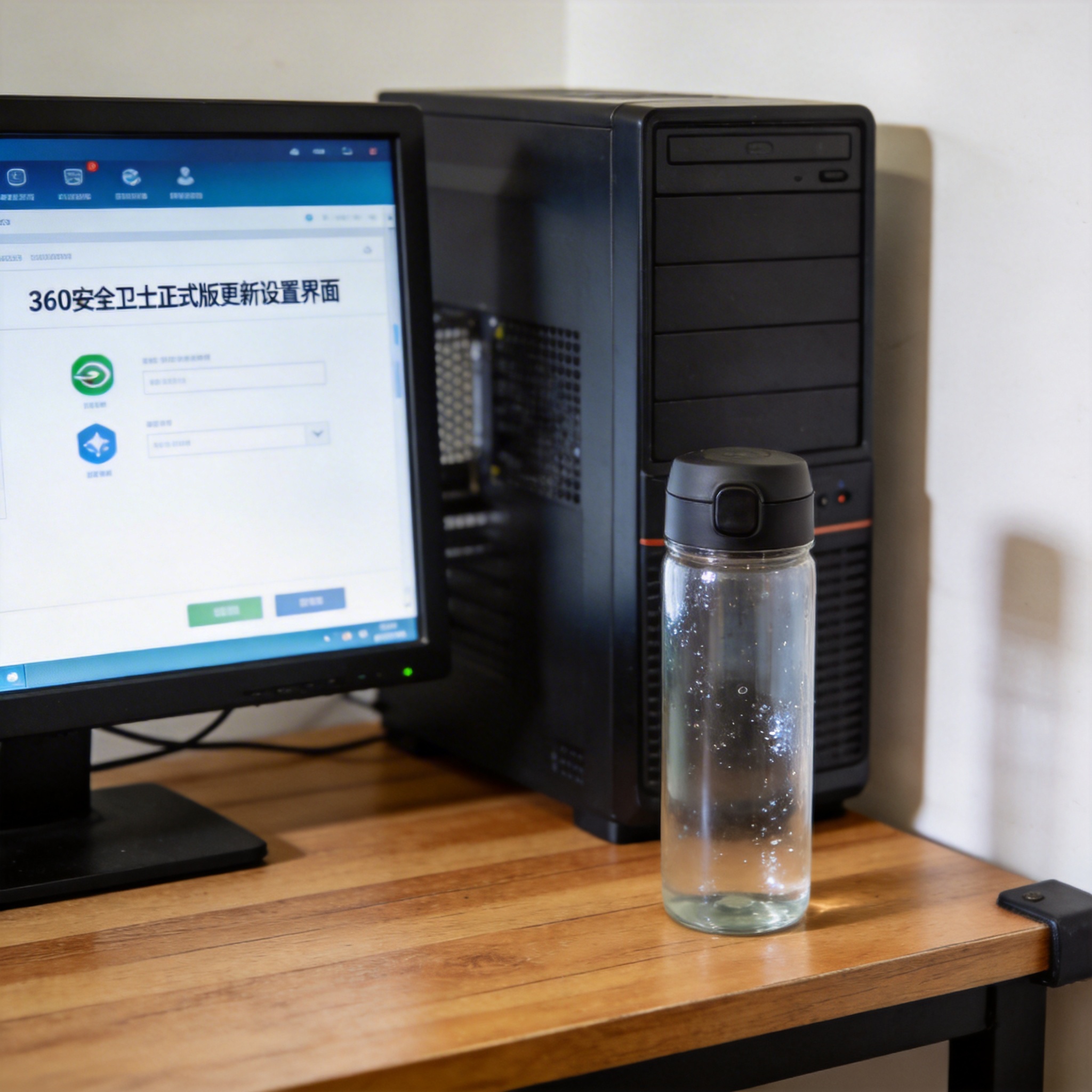 书桌上的主机，屏幕显示360 安全卫士正式版更新设置界面，桌角放着水杯，自然光