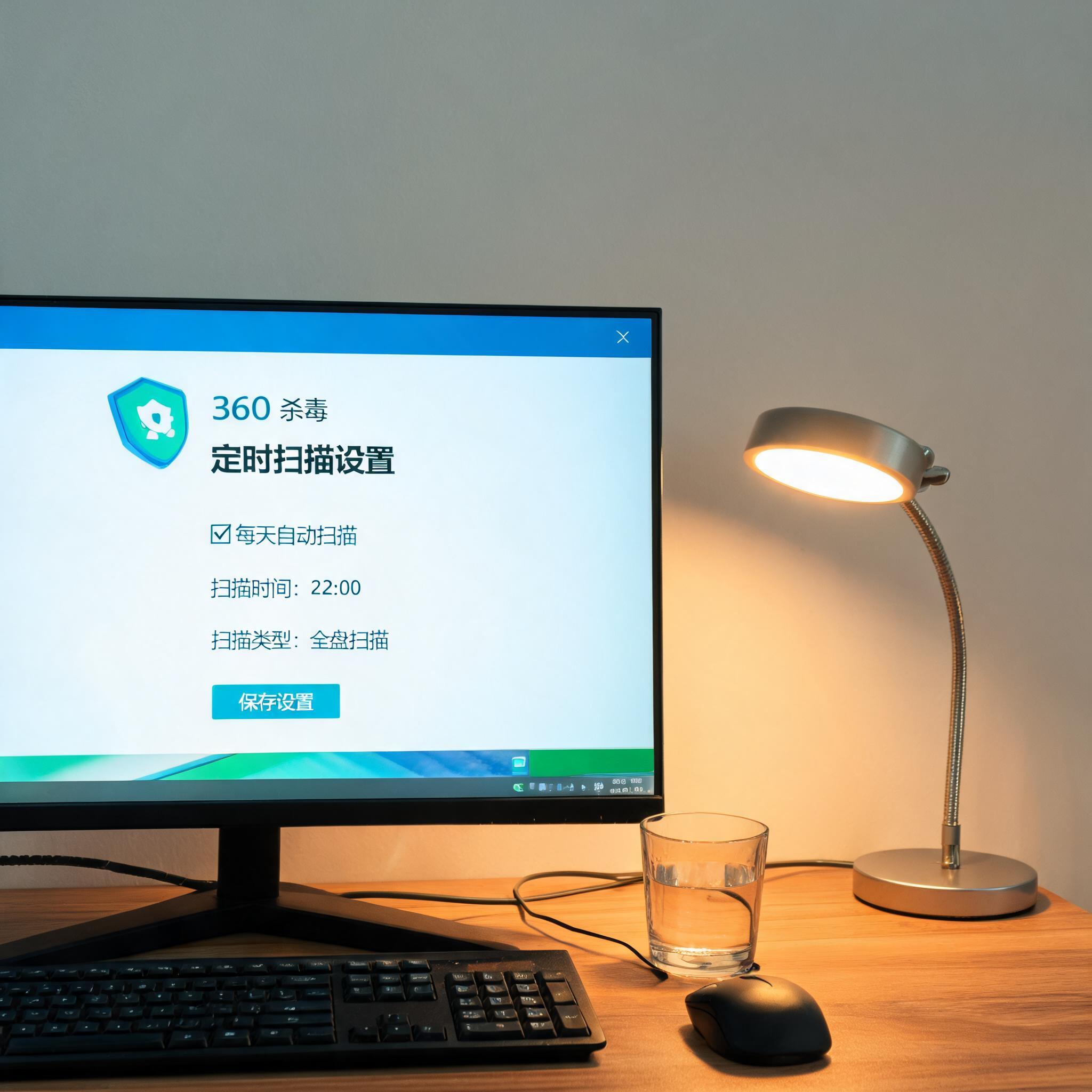 电脑桌上的电脑，屏幕显示360 杀毒软件定时扫描设置界面，旁边放着台灯