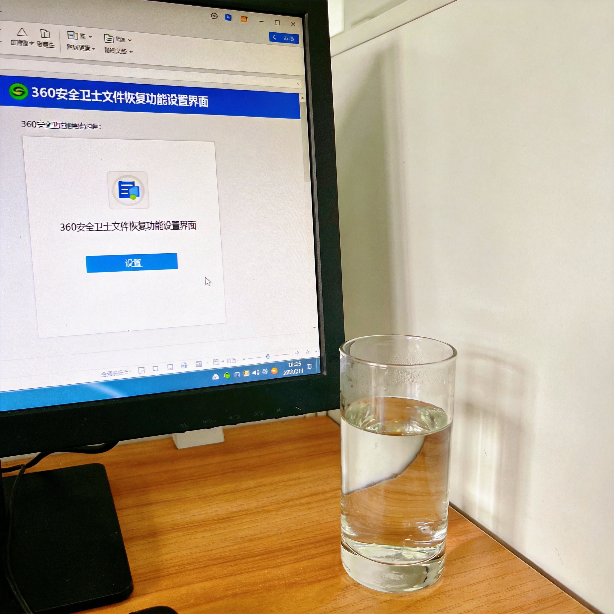书桌上的电脑，屏幕显示360 安全卫士文件恢复功能设置界面，桌角放着水杯，自然光