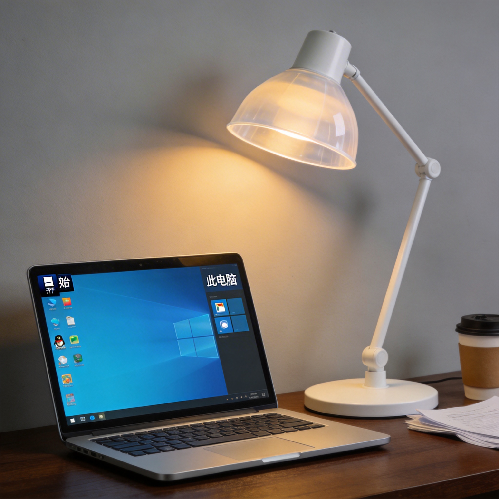 电脑桌上的电脑，屏幕显示Windows窗口，旁边放着台灯