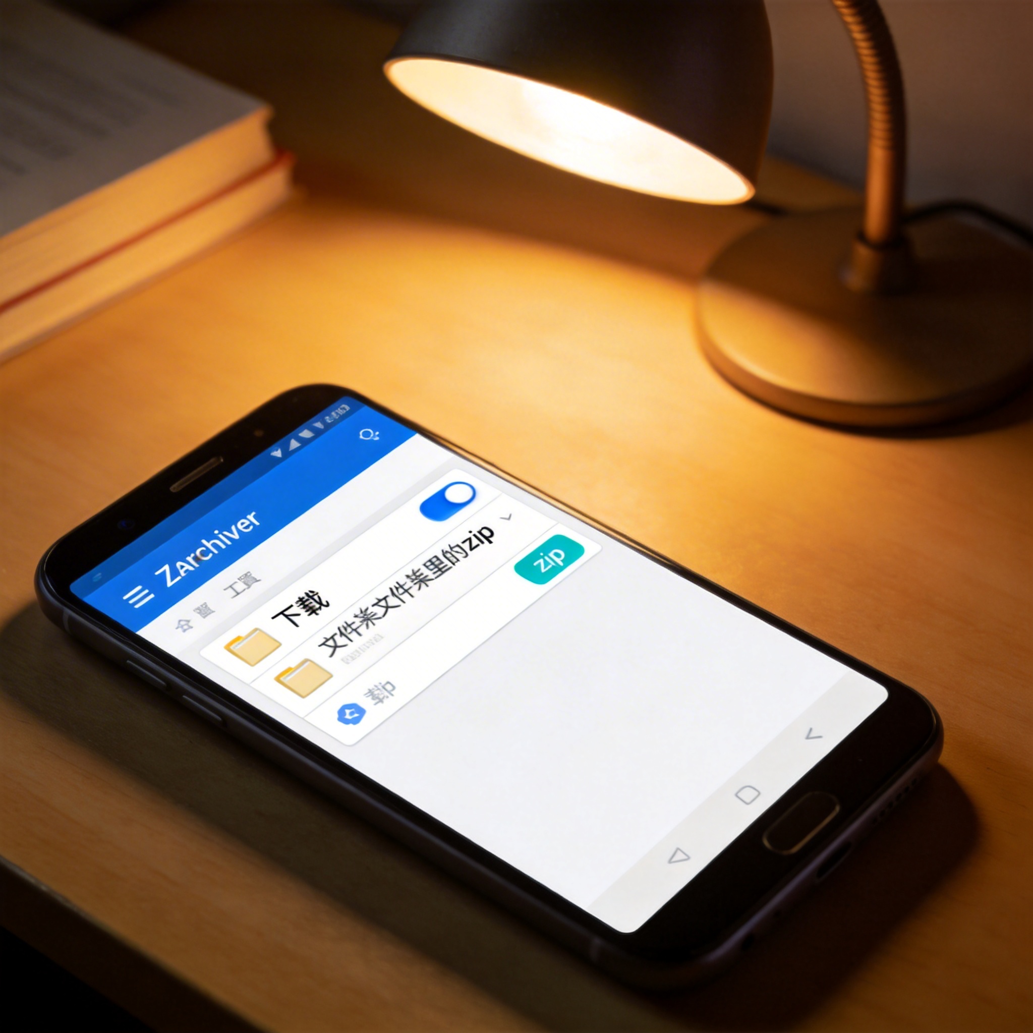 书桌的安卓手机，屏幕显示ZArchiver工具界面，正在选中下载文件夹里的zip文件，台灯暖光