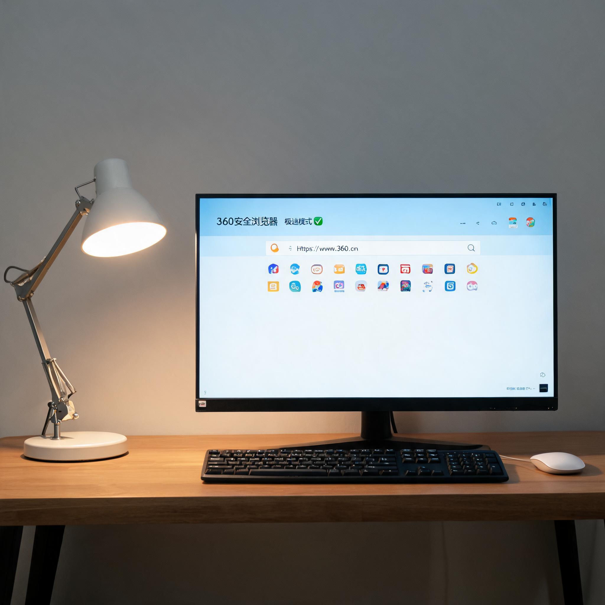 电脑桌上的电脑，屏幕显示360 安全浏览器极速模式界面，旁边放着台灯