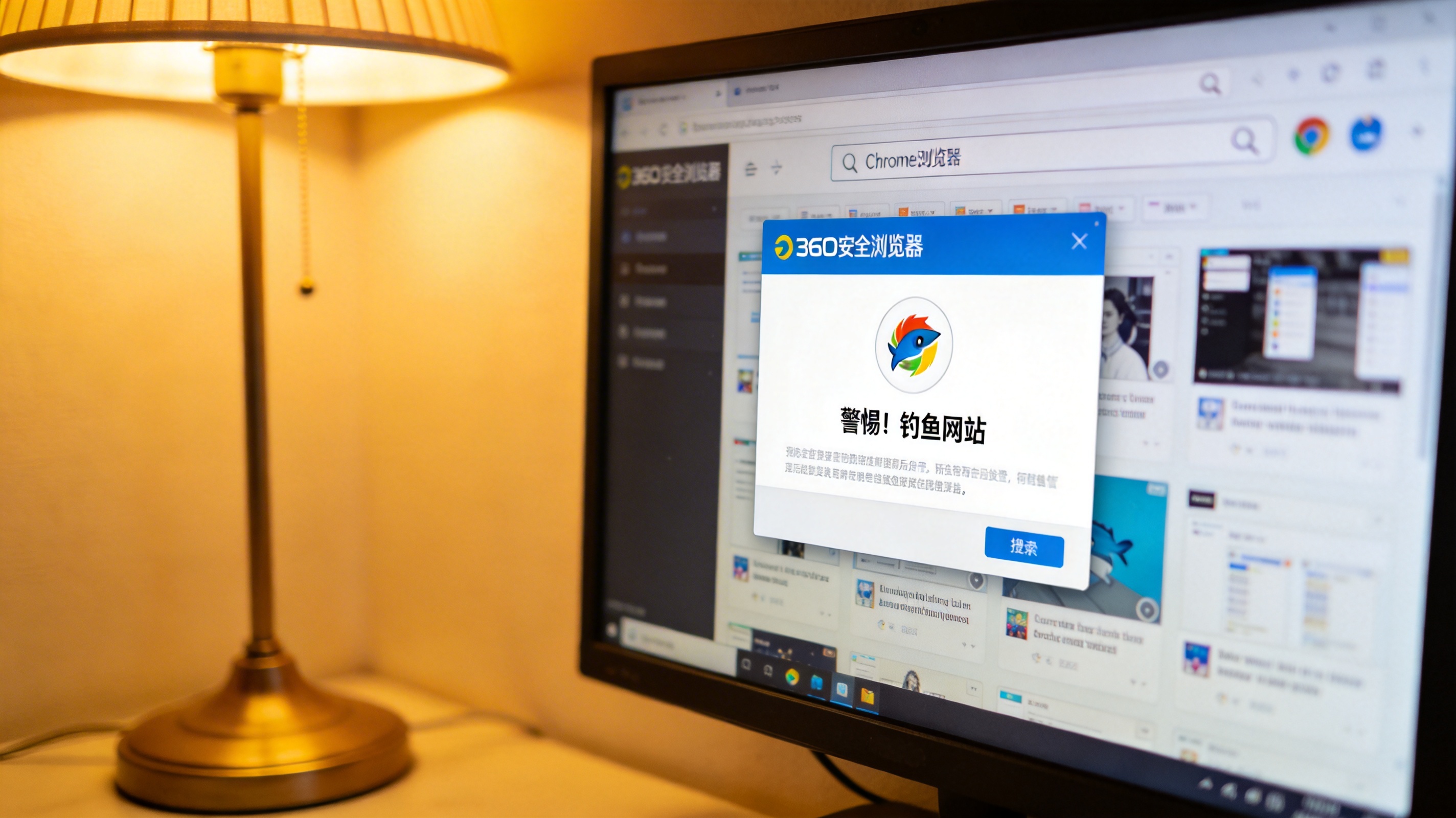 电脑屏幕显示360安全浏览器的钓鱼网站预警弹窗，后台打开着Chrome浏览器界面，桌面角落有台灯暖光