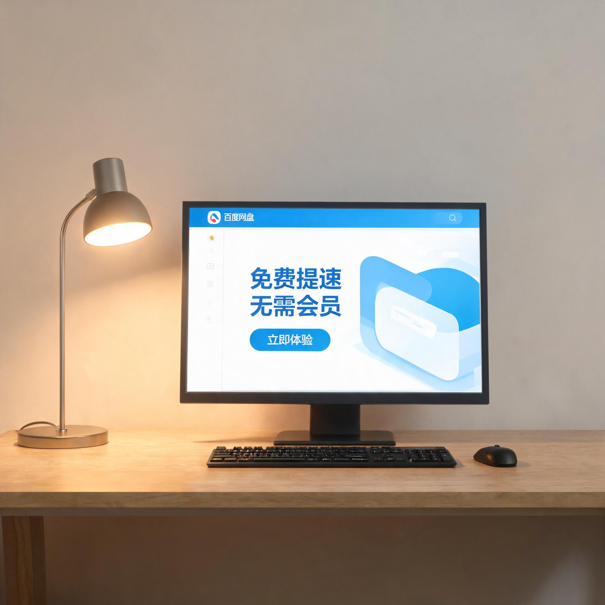 电脑桌上的电脑，屏幕显示百度网盘免费提速无需会员界面，旁边放着台灯