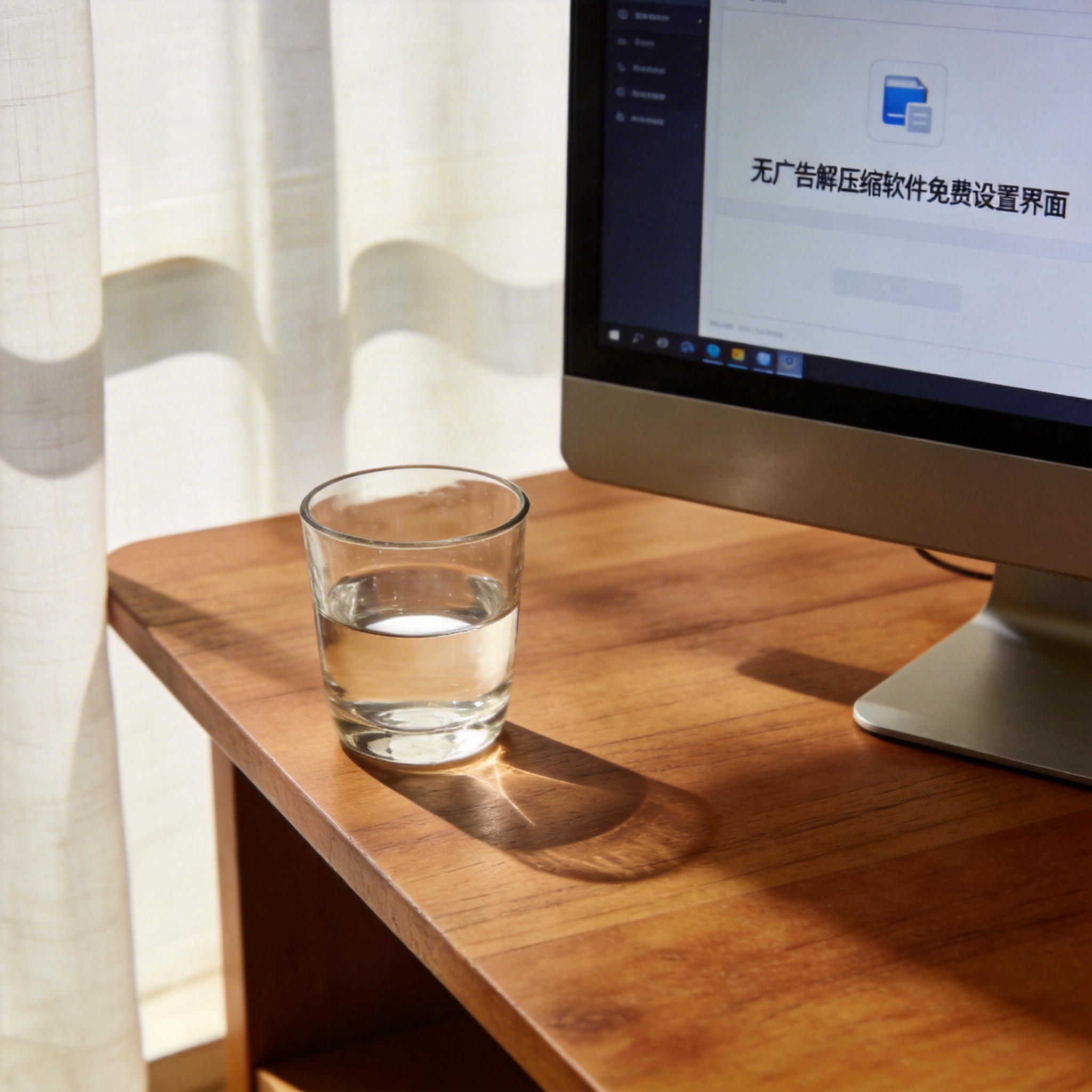 书桌上的主机，屏幕显示无广告解压缩软件免费设置界面，桌角放着水杯，自然光