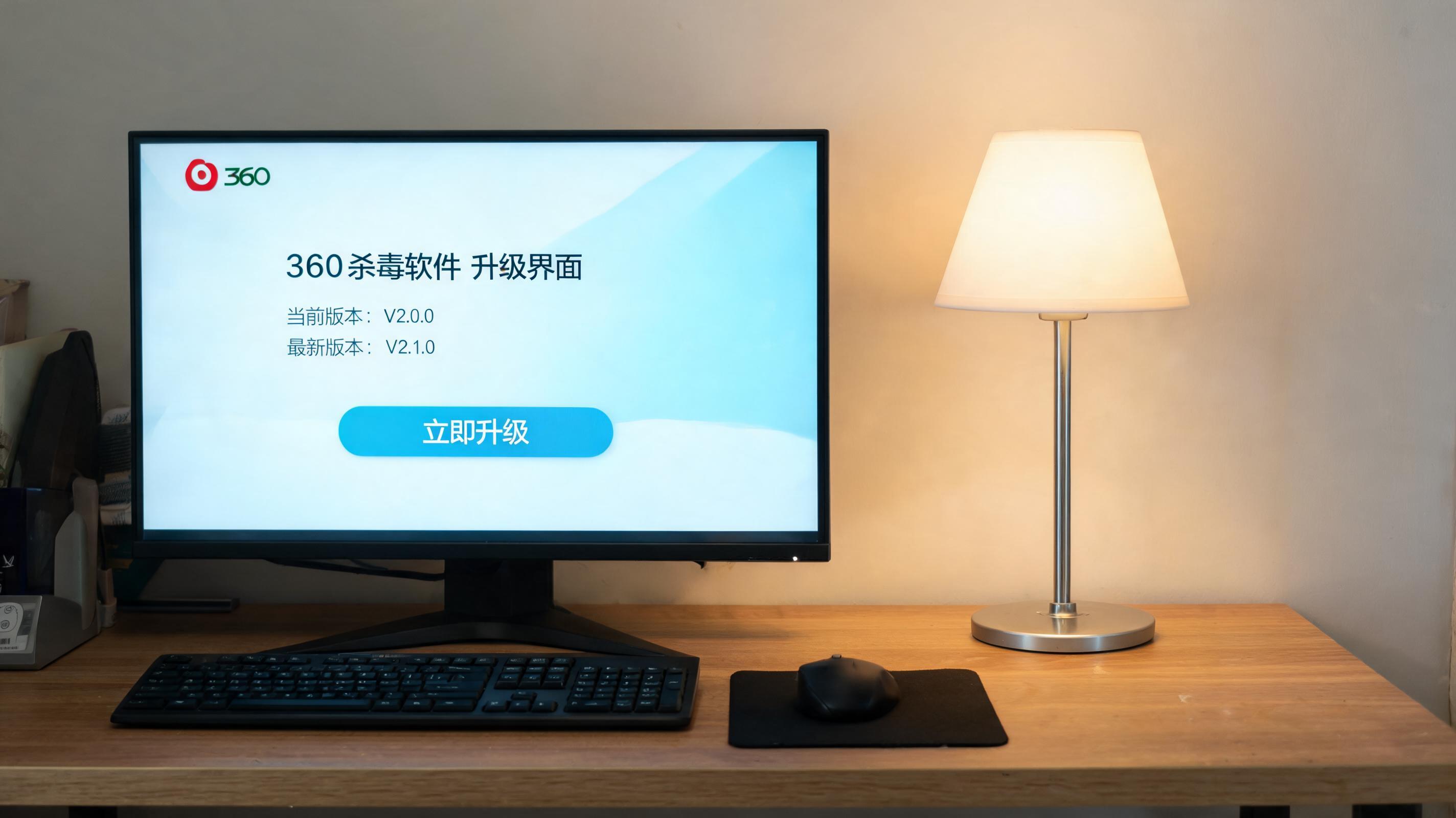电脑桌上的电脑，屏幕显示360 杀毒软件如何升级界面，旁边放着台灯