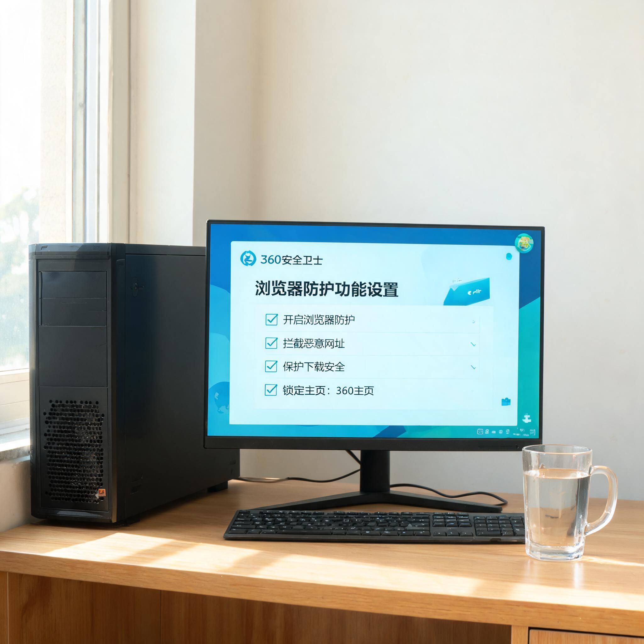 书桌上的主机，屏幕显示360 卫士浏览器防护功能设置界面，桌角放着水杯，自然光